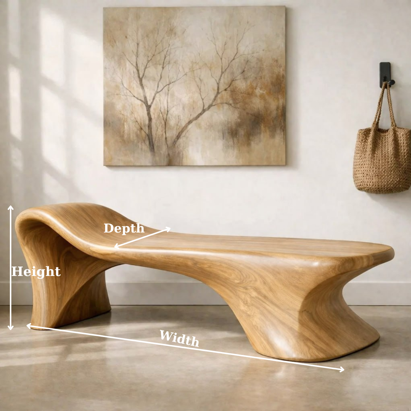 Sculptural Wooden Bench, Modern Curved Entryway Seat, Artistic Statement Accent Furniture Piece