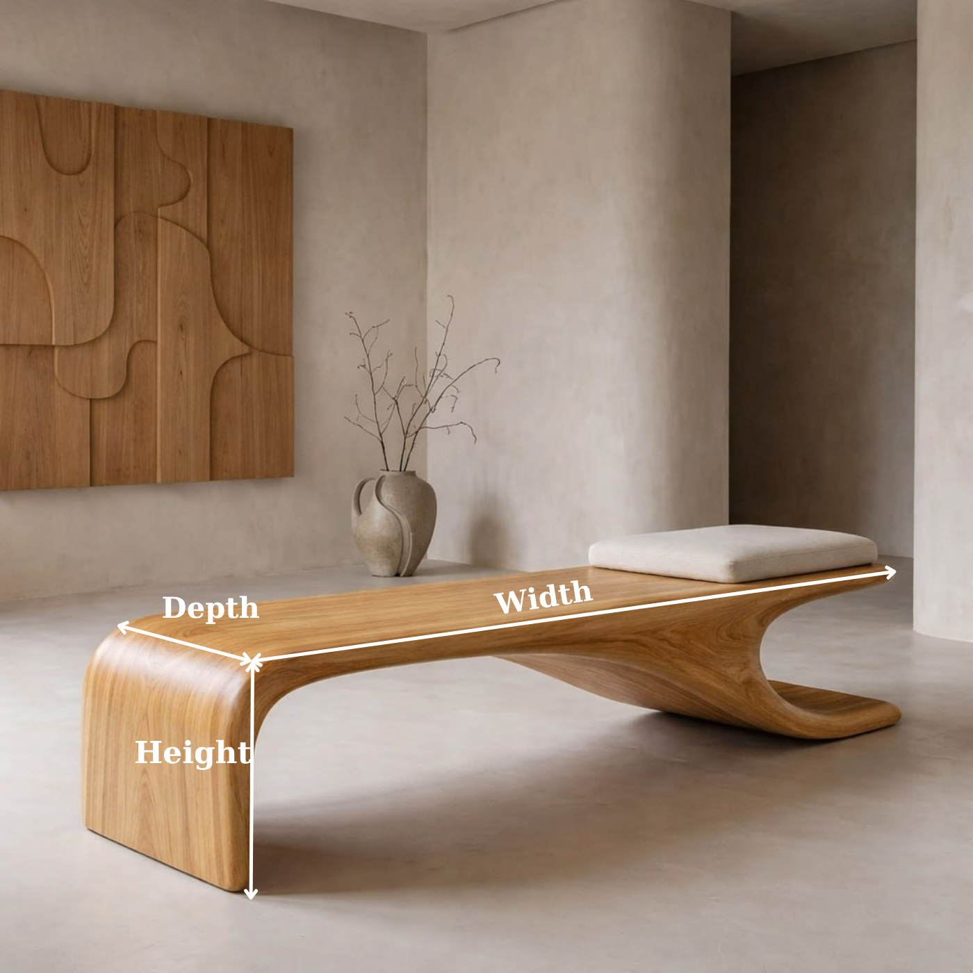 Sculptural Wooden Bench, Modern Curved Accent Seat, Entryway Statement Furniture for Living Room