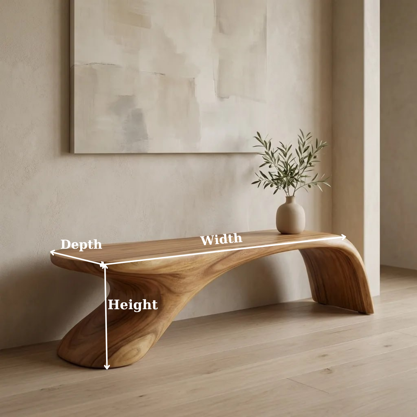 Sculptural Wooden Bench, Modern Curved Accent Seat, Minimalist Entryway Statement Furniture Piece