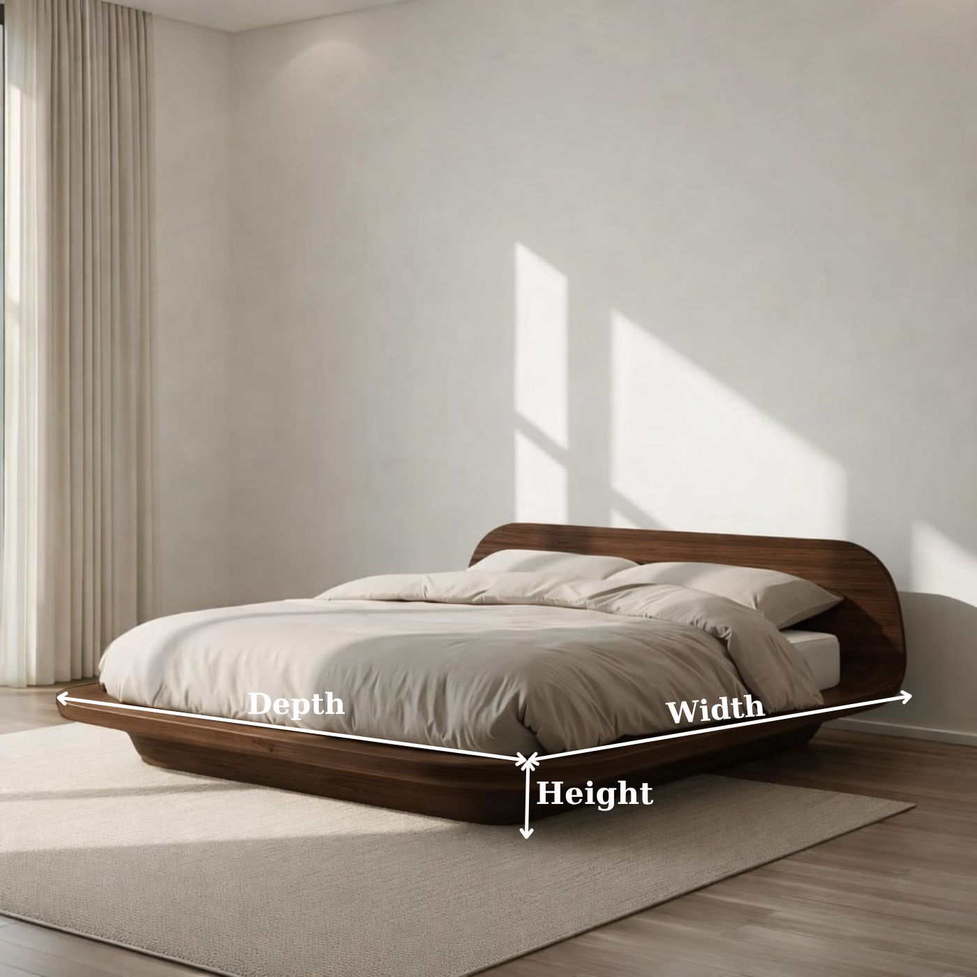 Modern Low Platform Bed Frame, Curved Minimalist Bed, Statement Bedroom Furniture for Home