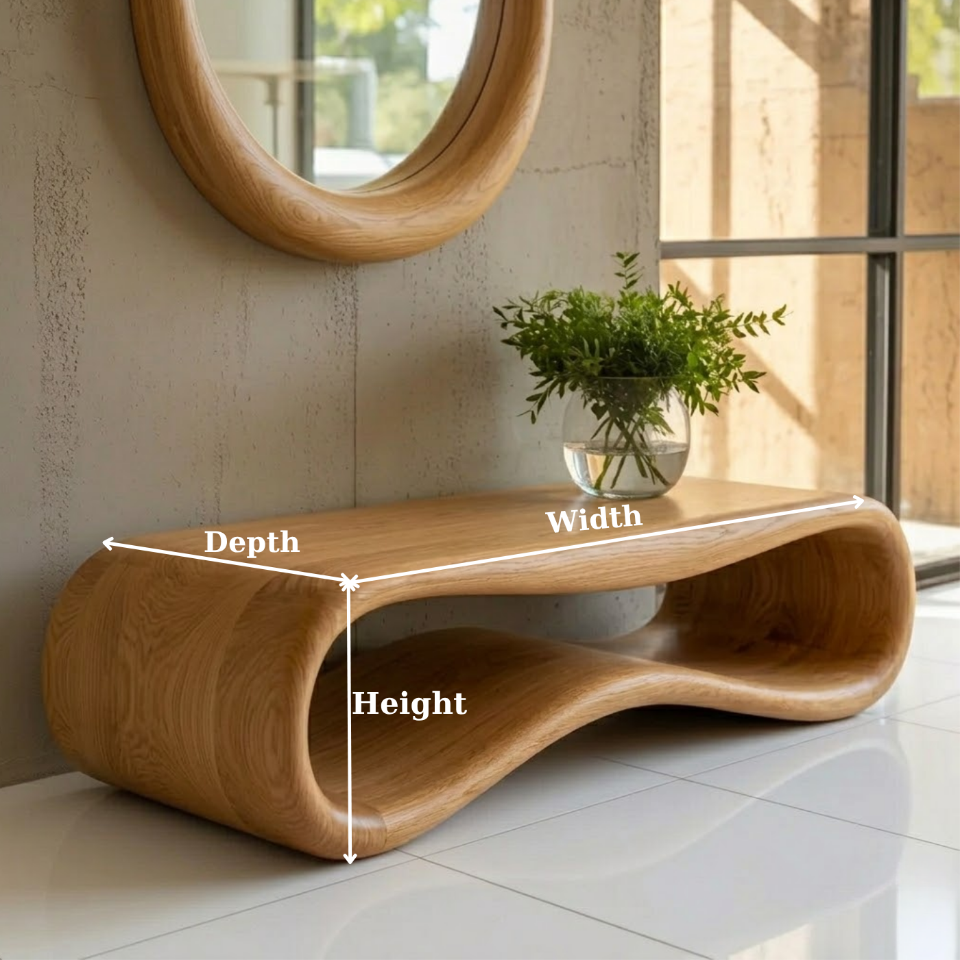 Modern Sculptural Solid Wood Bench - Organic Curved Entryway Seating