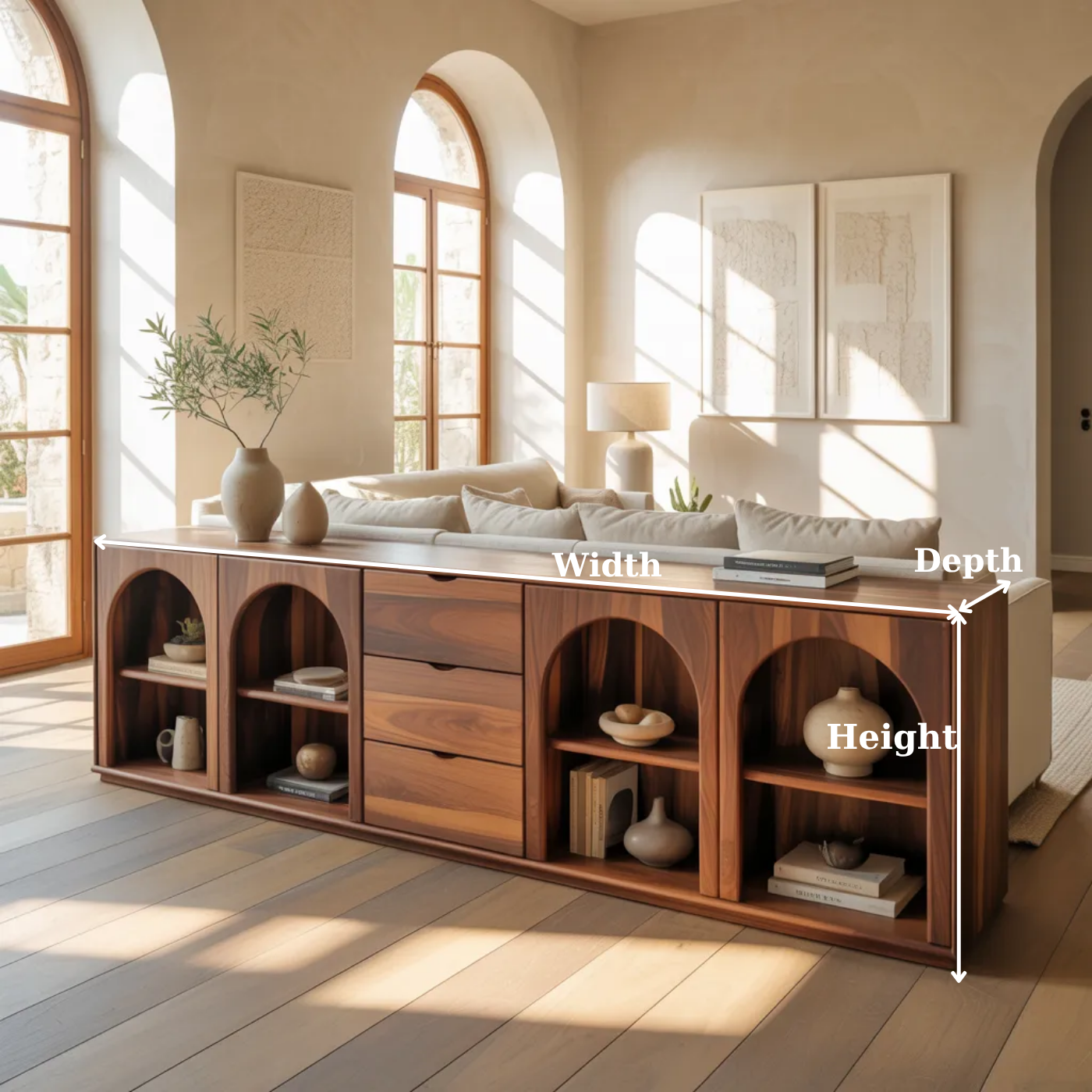Solid Wood Console Table with Arched Shelves and Center Drawer Storage for Living Room