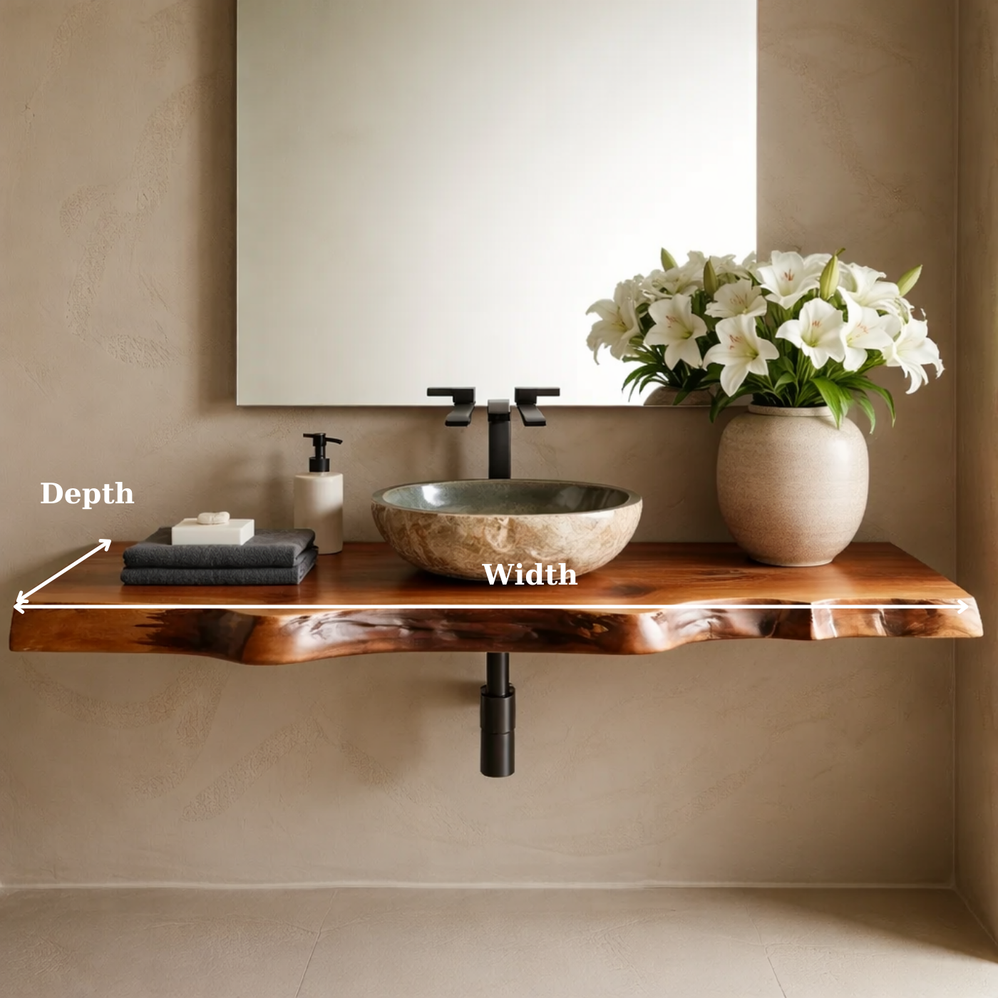 Floating Live Edge Solid Wood Bathroom Vanity Shelf – Natural Wood Slab Wall Mounted Countertop