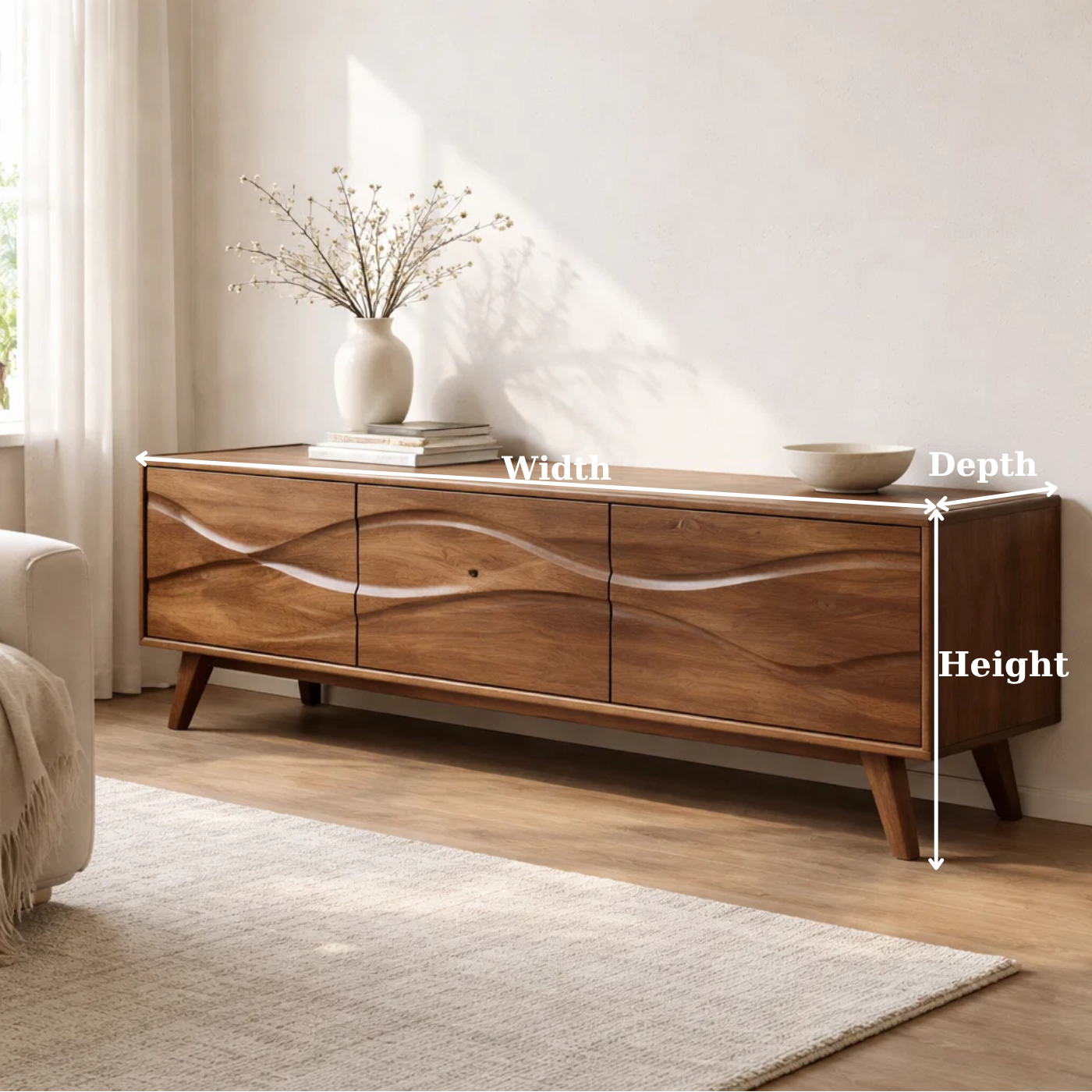 Solid Wood Console Table with Minimal Wave Carved Doors for Modern Living Room