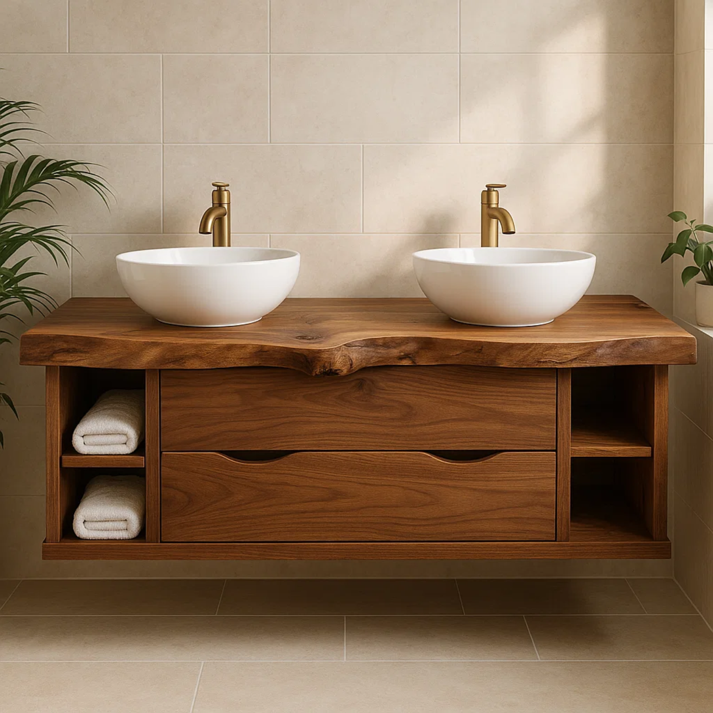 Rustic Double Sink Solid Wood Floating Bathroom Vanity with Live Edge Countertop