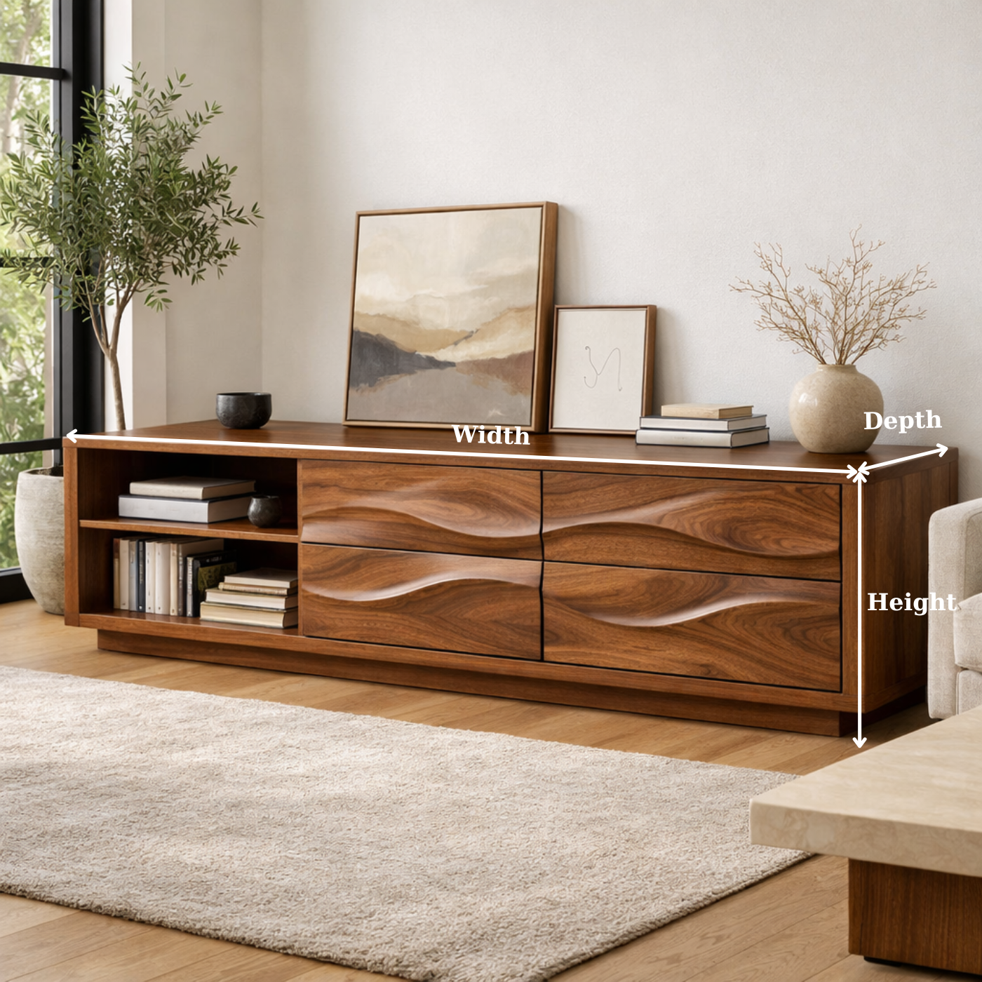 Solid Wood Wave Drawer TV Stand with Open Shelf for Modern Living Room