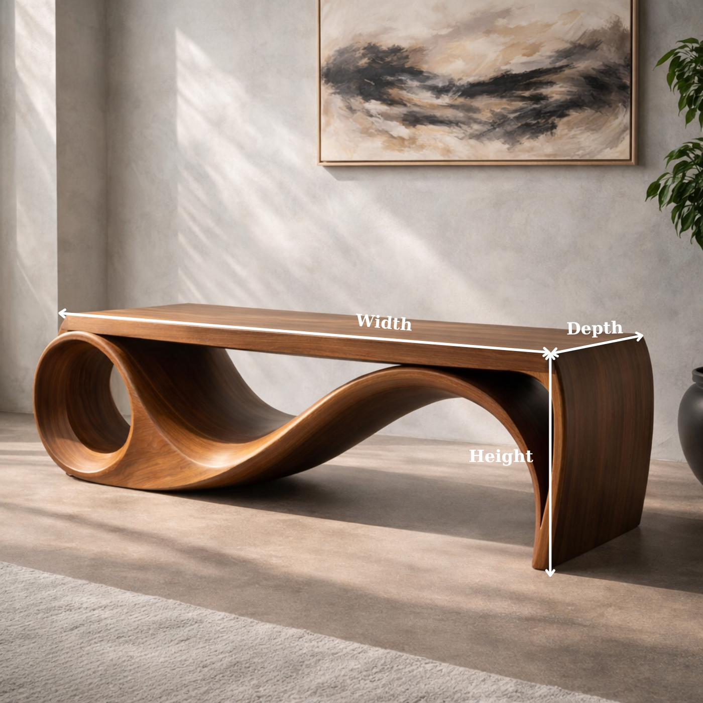 Solid Wood Sculptural Bench with Curved Wave Base Modern Design