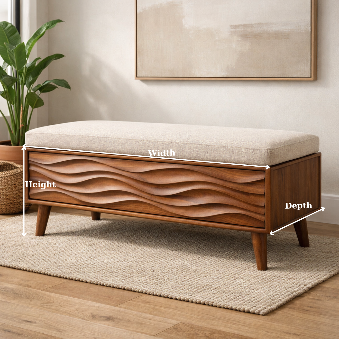 Solid Wood Storage Bench with Upholstered Seat and Wave Carved Front