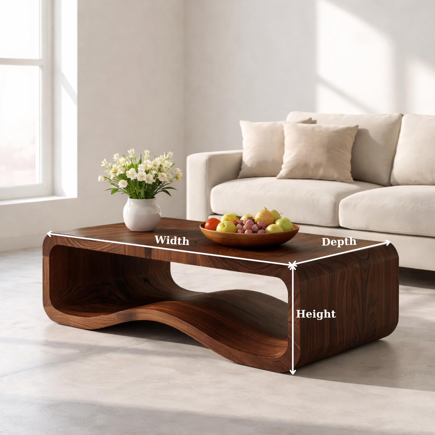 Solid Wood Sculptural Coffee Table with Open Curved Shelf