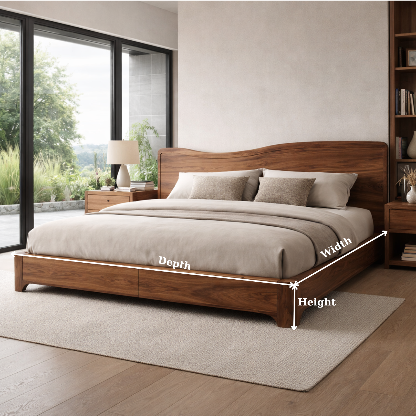 Solid Wood Bed Frame with Curved Headboard and Modern Low-Profile Design