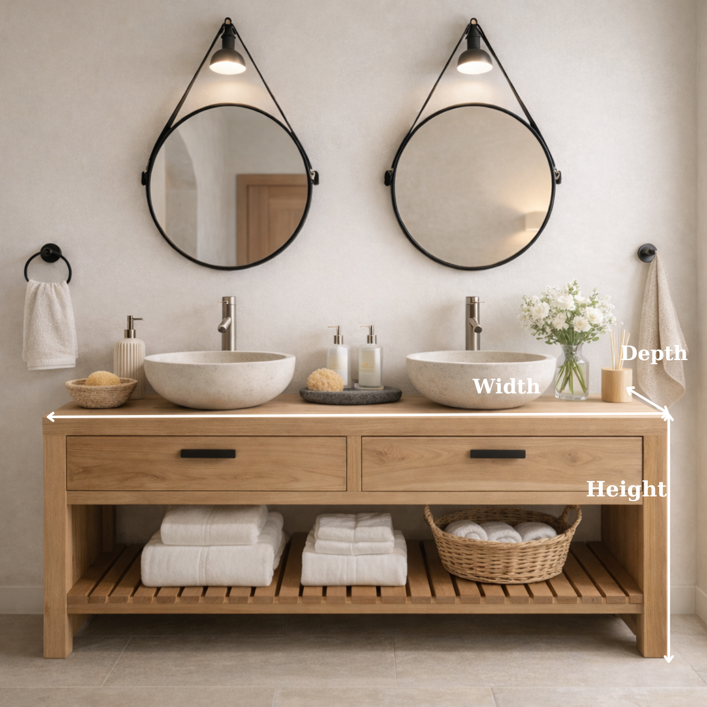 Scandinavian Solid Wood Double Sink Bathroom Vanity with Dual Drawers and Slatted Open Shelf