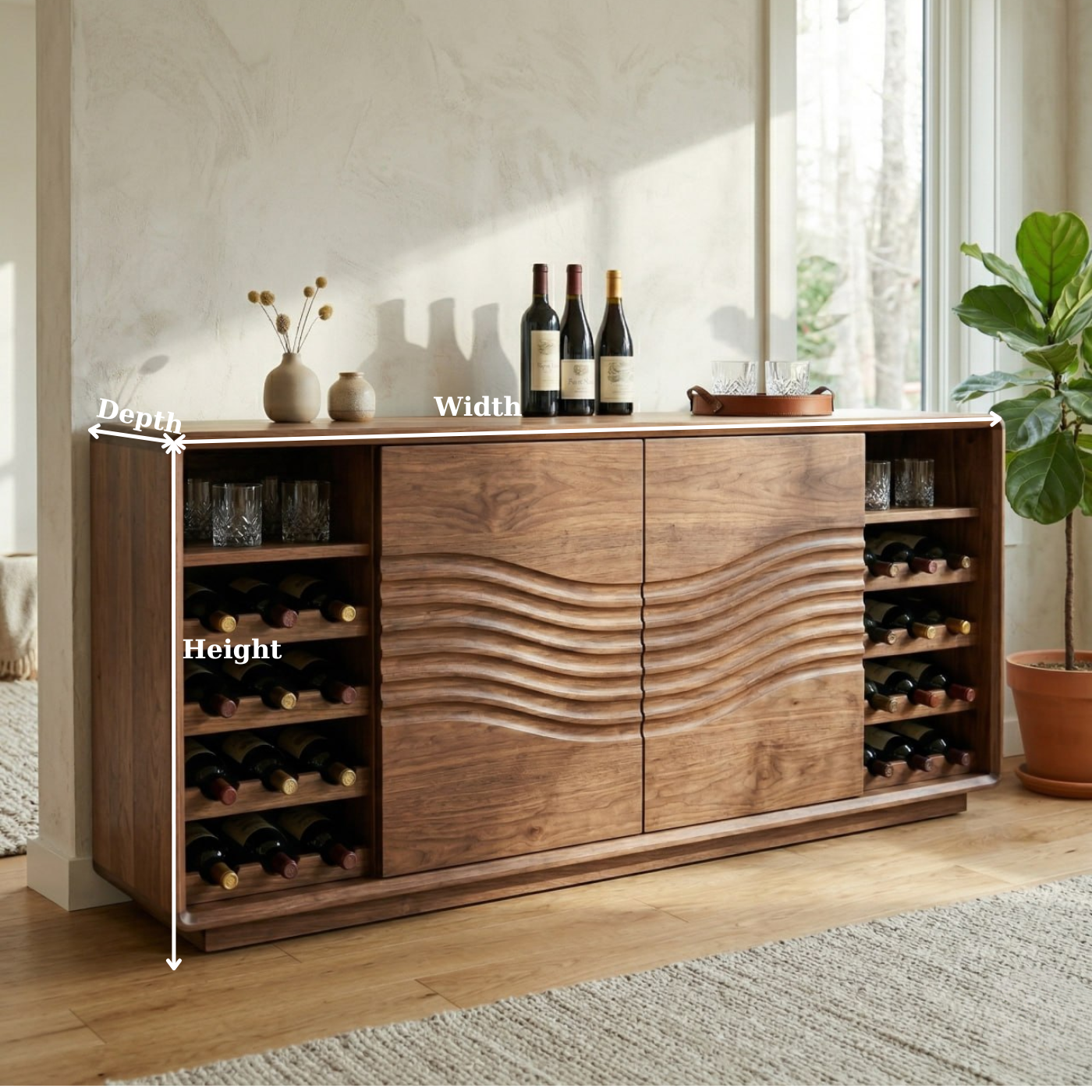 Solid Wood Wine Cabinet with Wave Front Doors and Built-in Bottle Storage