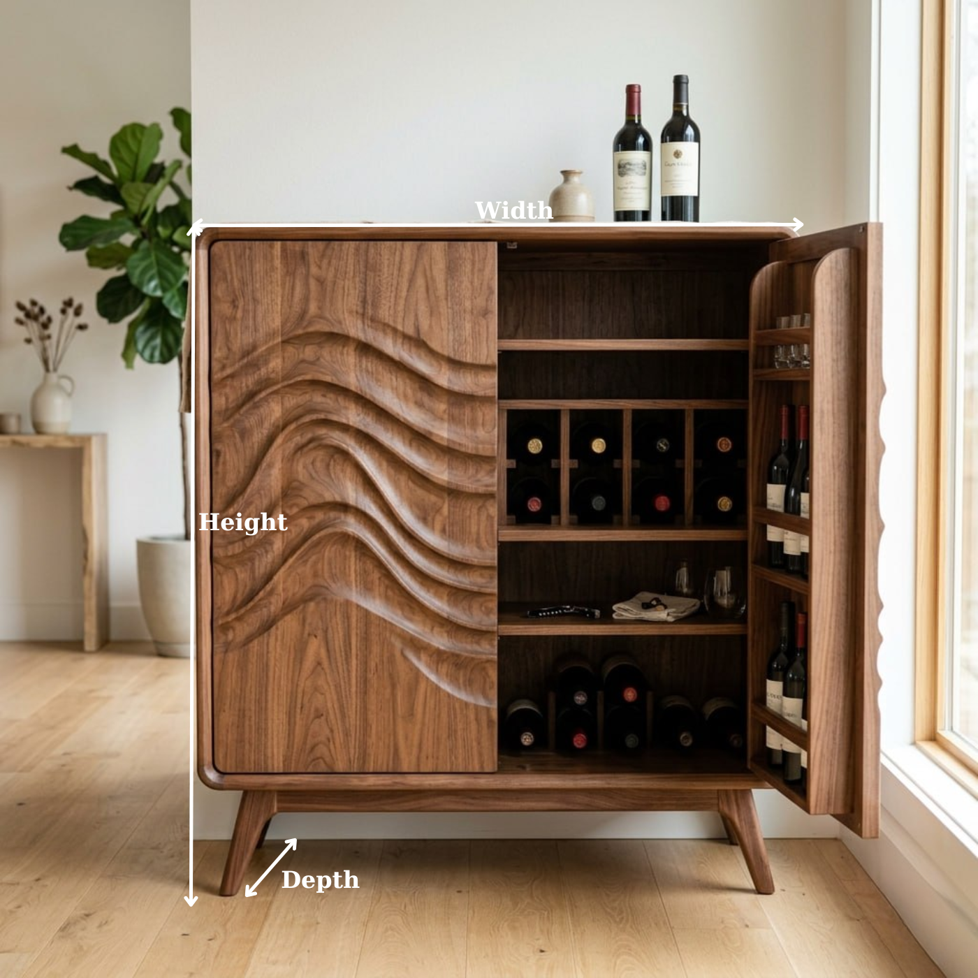 Handcrafted Solid Wood Wine Cabinet with Sculpted Wave Door and Storage Shelves