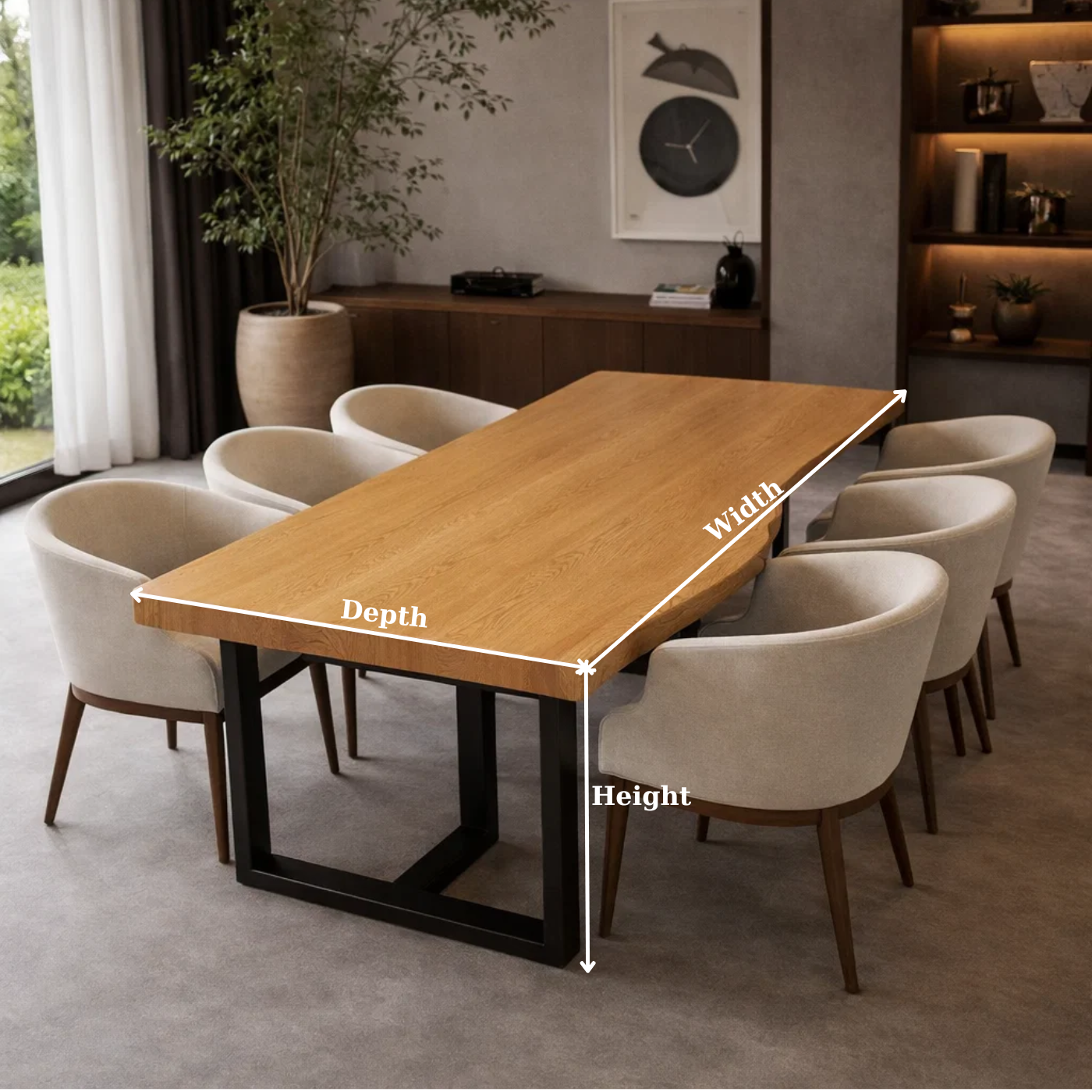 Solid Wood Dining Table with Live Edge Top & Black Metal Base