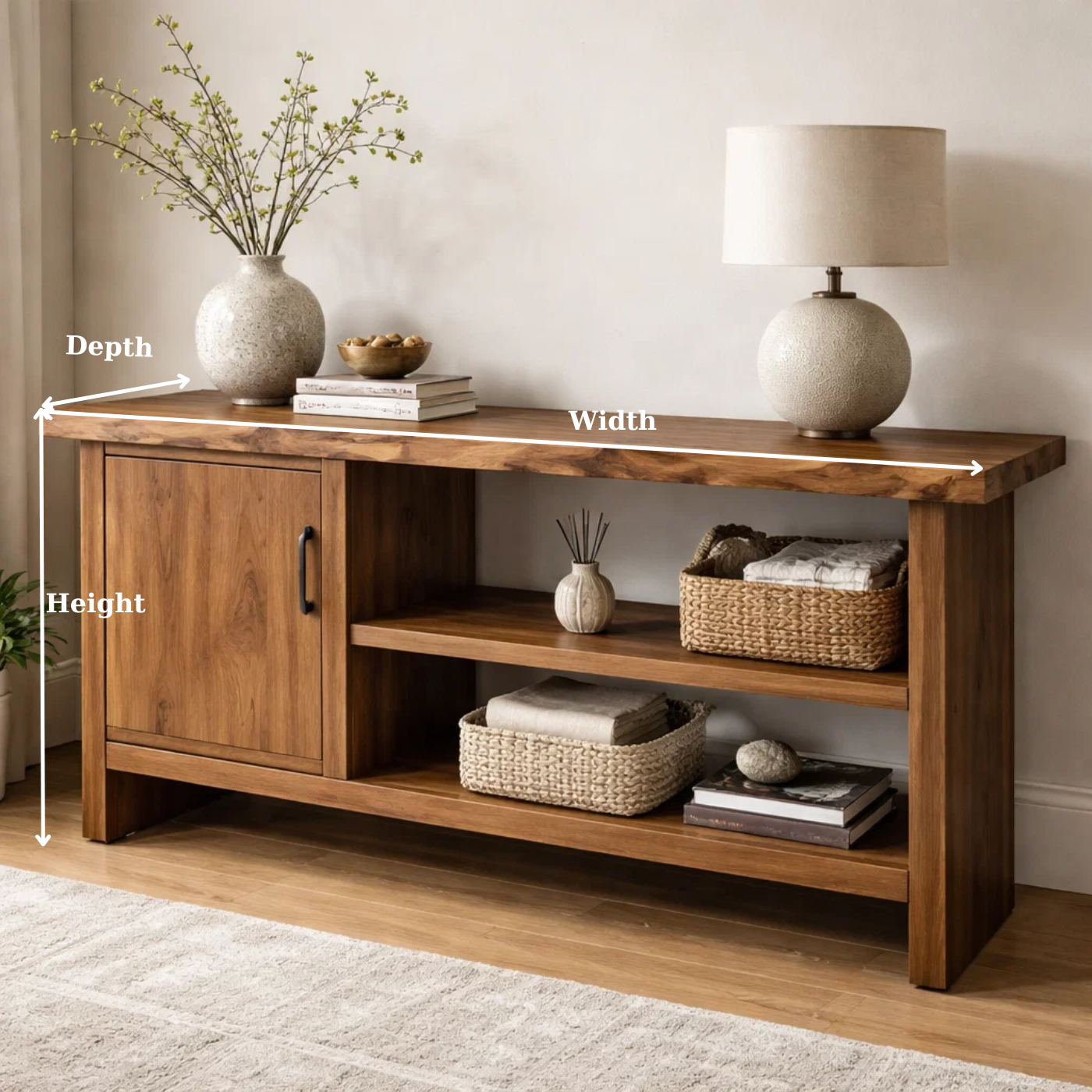 Solid Wood Console Table with Storage Shelf – Modern Entryway Cabinet with Door