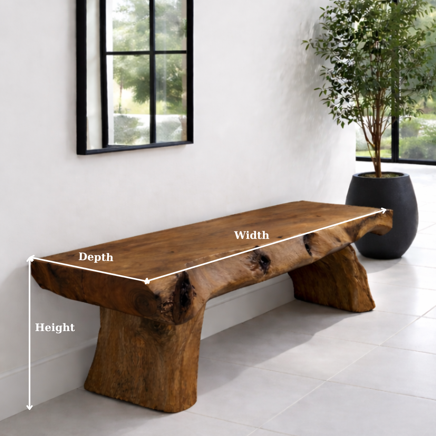 Solid Wood Live Edge Bench – Rustic Entryway Seating with Natural Tree Base