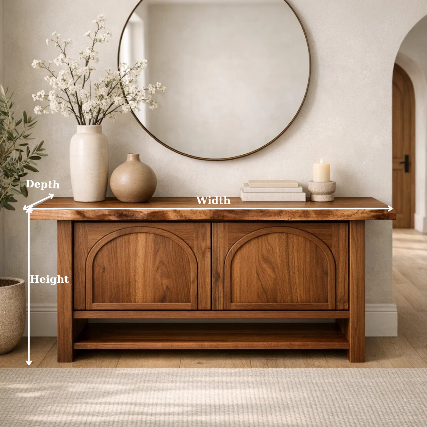Solid Wood Console Cabinet – Rustic Entryway Storage Table with Arched Doors
