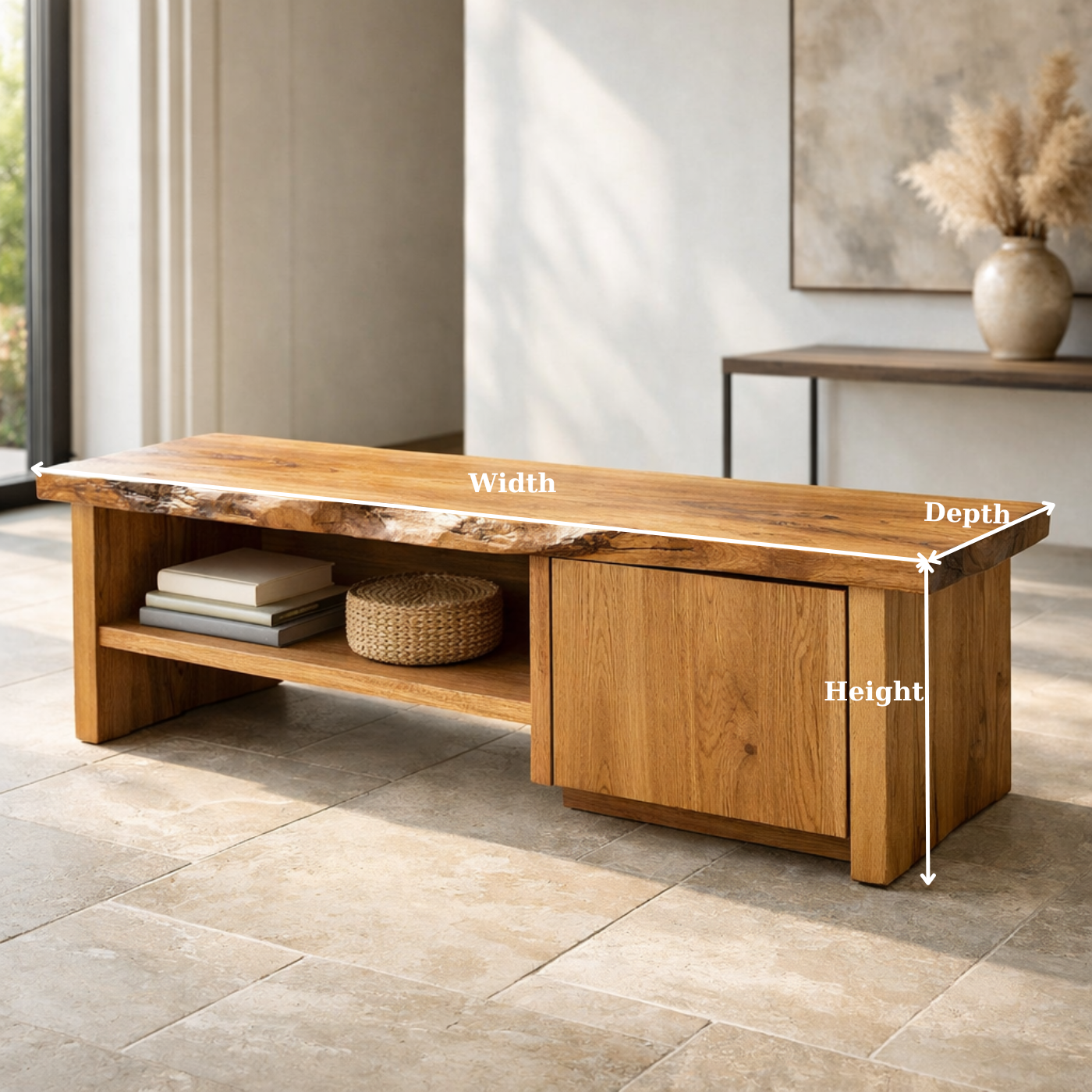 Solid Wood Entryway Bench with Storage Cabinet & Open Shelf – Rustic Modern Design