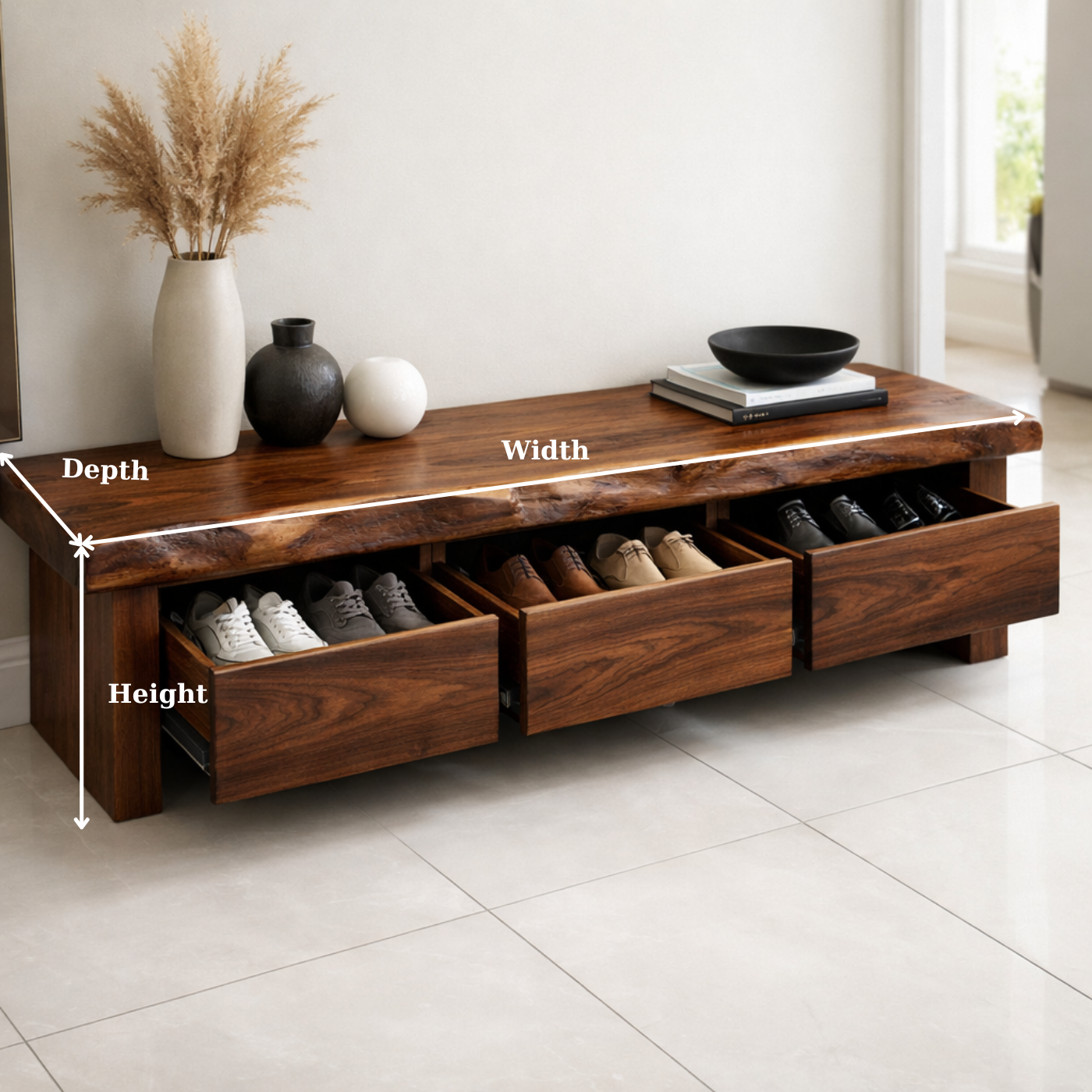 Solid Wood Entryway Bench with 3 Drawers – Hidden Shoe Storage Bench