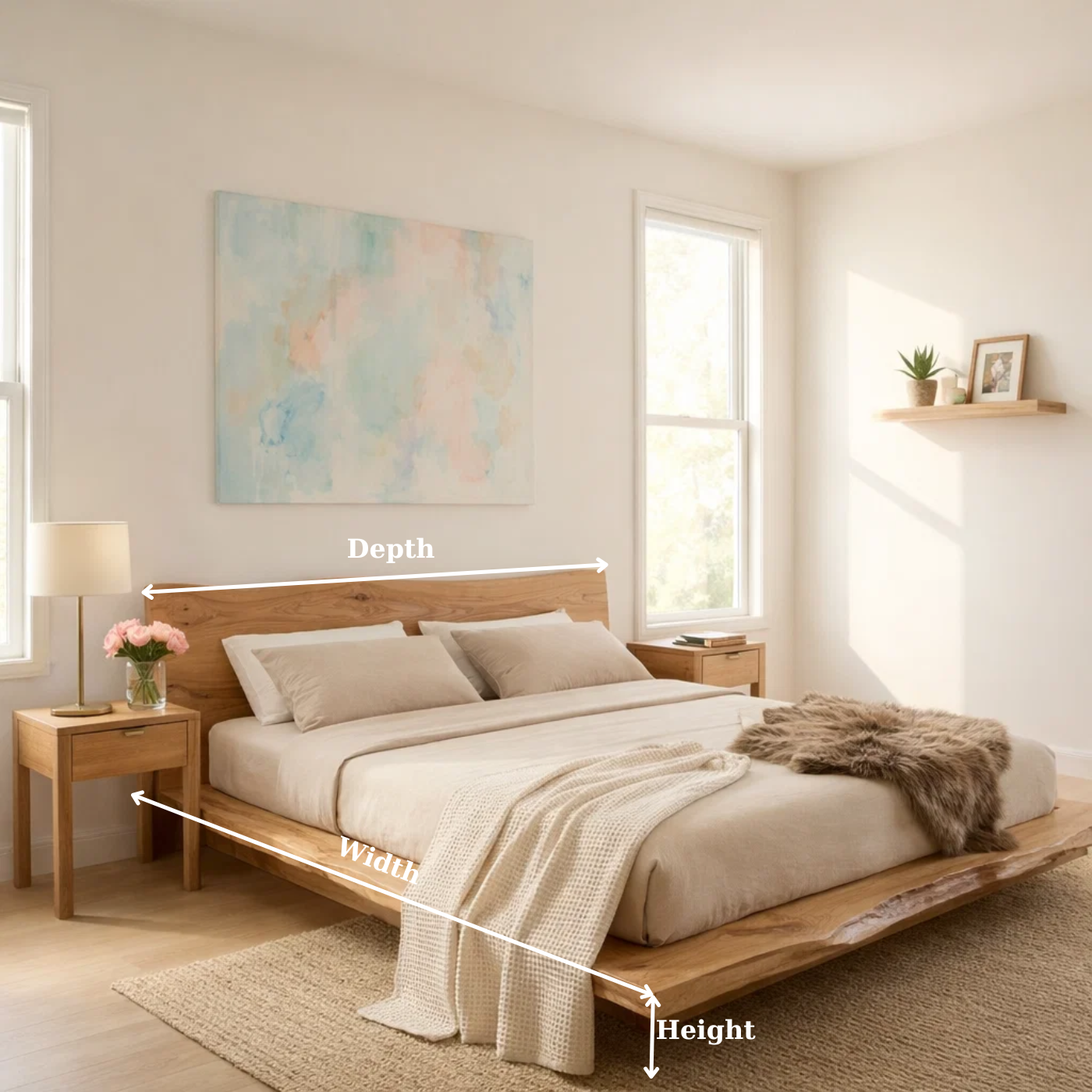 Handcrafted Live Edge Solid Wood Platform Bed, Rustic Modern Bed with Natural Headboard