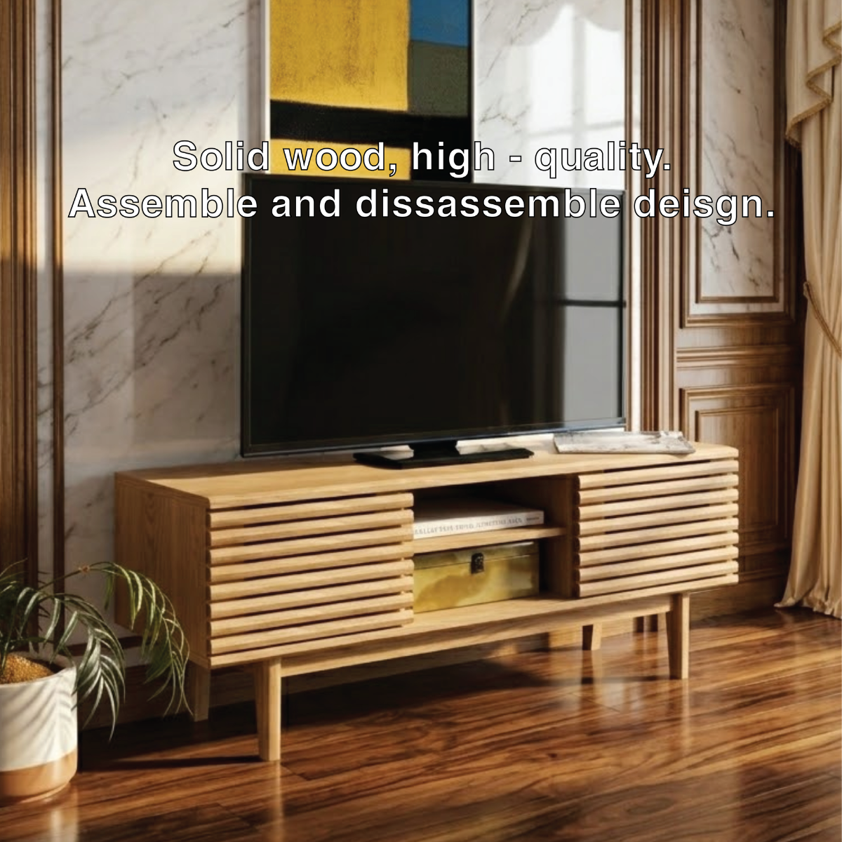 Mid Century Modern TV Stand, Slatted Media Console Cabinet with Storage for Living Room
