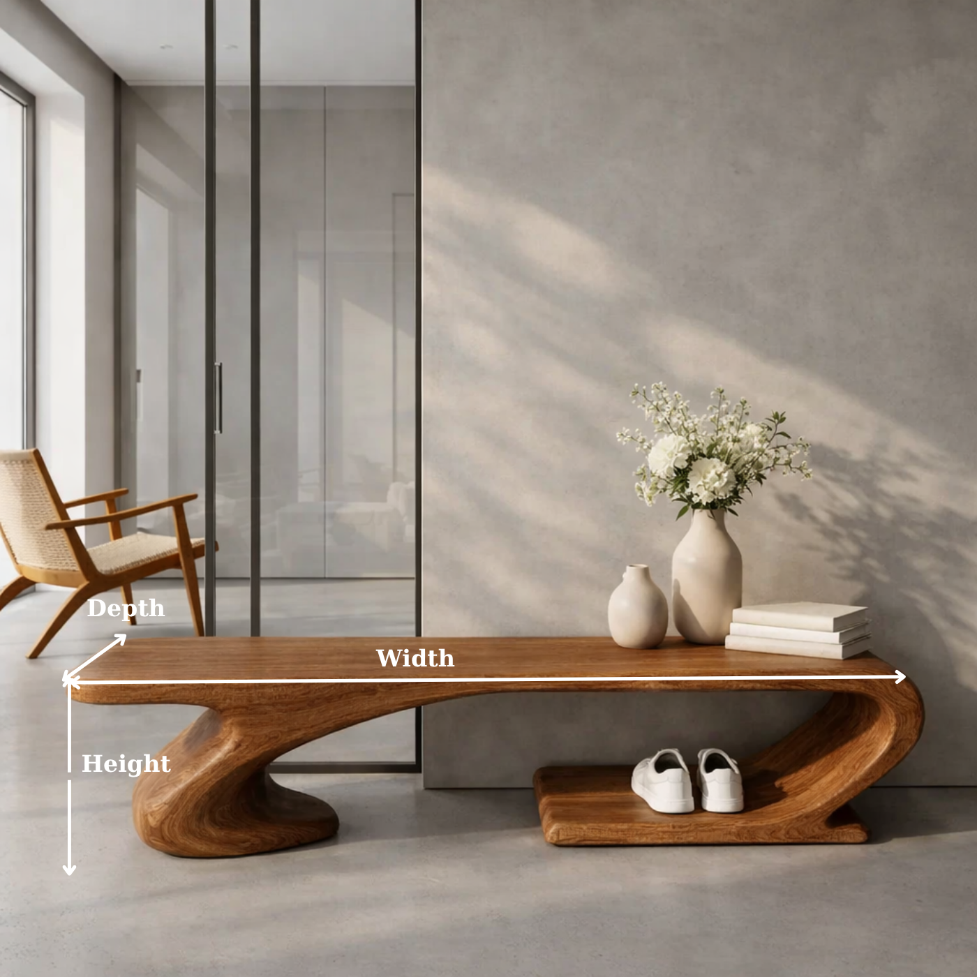 Solid Wood Sculptural Entryway Bench, Organic Wavy Minimalist Hallway Seat