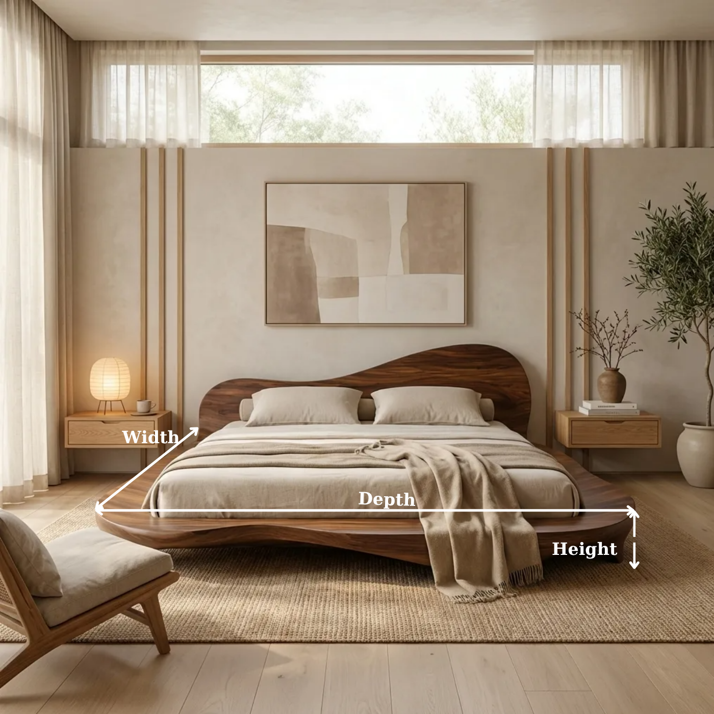 Handcrafted Solid Wood Sculptural Platform Bed, Organic Wavy Japandi Bed Frame