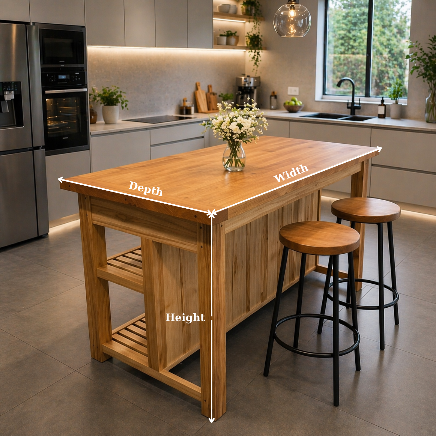 Solid Wood Kitchen Island Table with Storage Shelf – Rustic Modern Dining Island, Large Wooden Prep Table for Kitchen