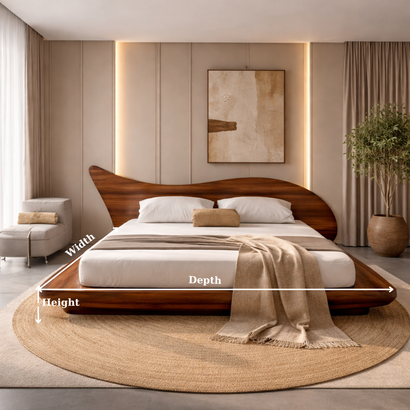 Solid Wood Platform Bed with Organic Curved Headboard – Modern Walnut Bed Frame, Luxury Minimalist Bedroom Furniture