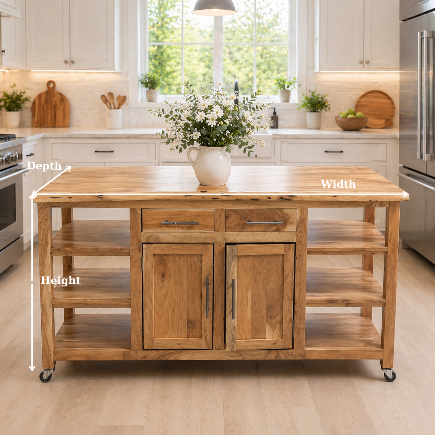 Solid Wood Kitchen Island with Storage & Shelves – Rustic Kitchen Cart, Rolling Prep Table with Drawers & Cabinet