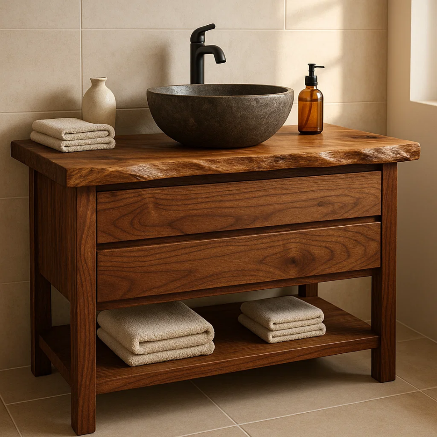 Live Edge Solid Wood Bathroom Vanity with Two Drawers and Open Bottom Shelf for Warm Modern Bathrooms