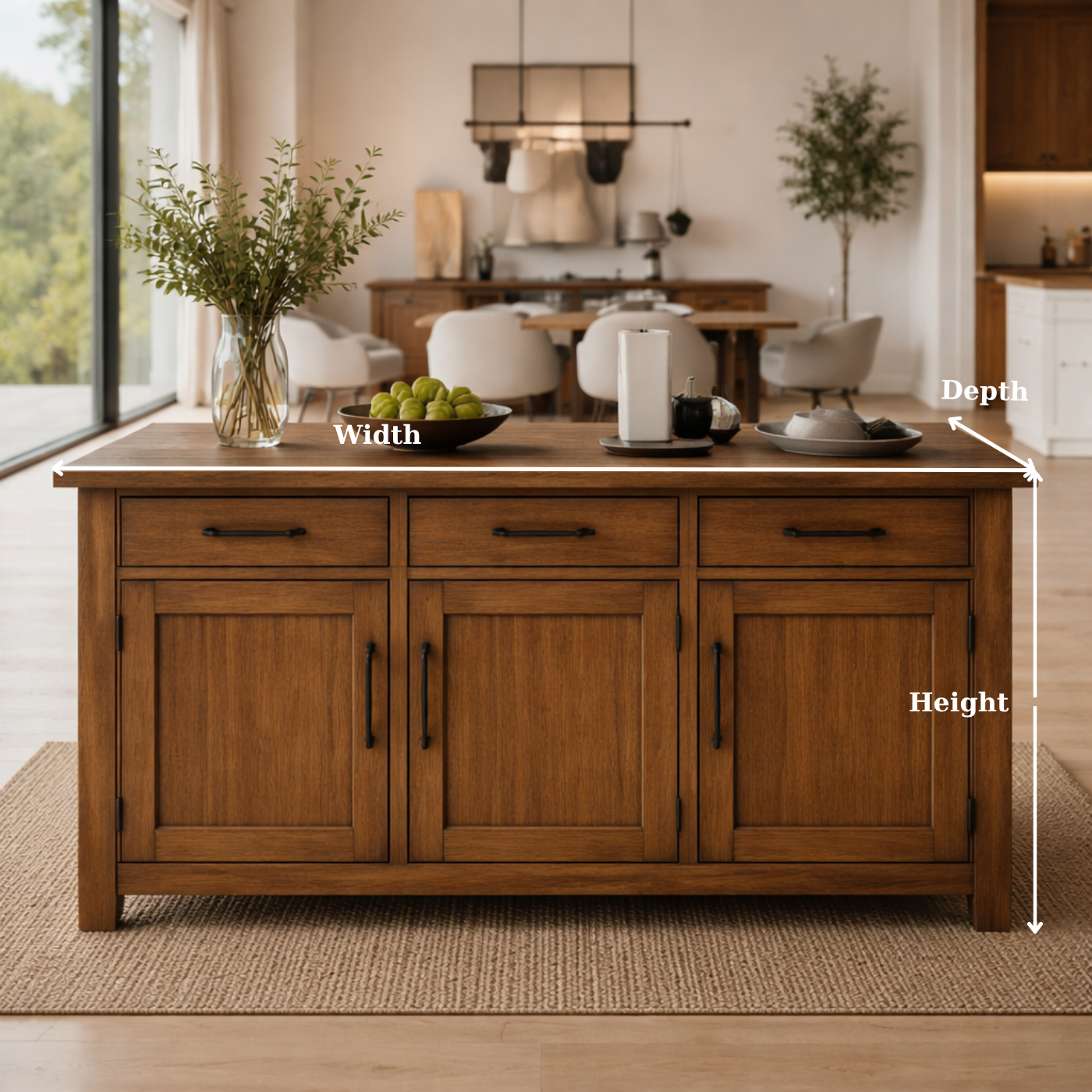 Solid Wood Kitchen Island with Cabinets & Drawers, Large Wooden Prep Table