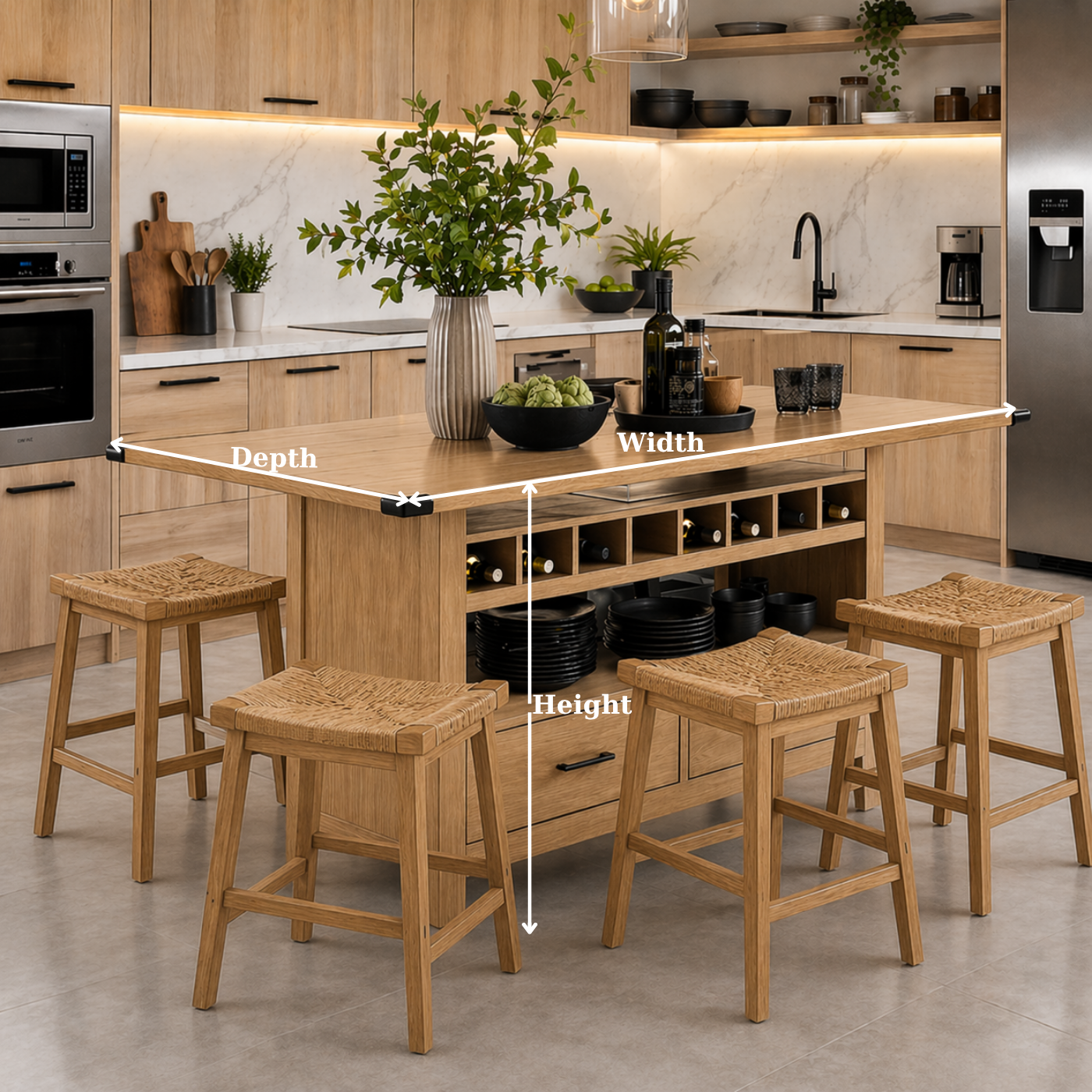 Solid Wood Kitchen Island with Wine Rack & Storage – Rustic Walnut Kitchen Table, Large Prep Island with Shelves & Drawer