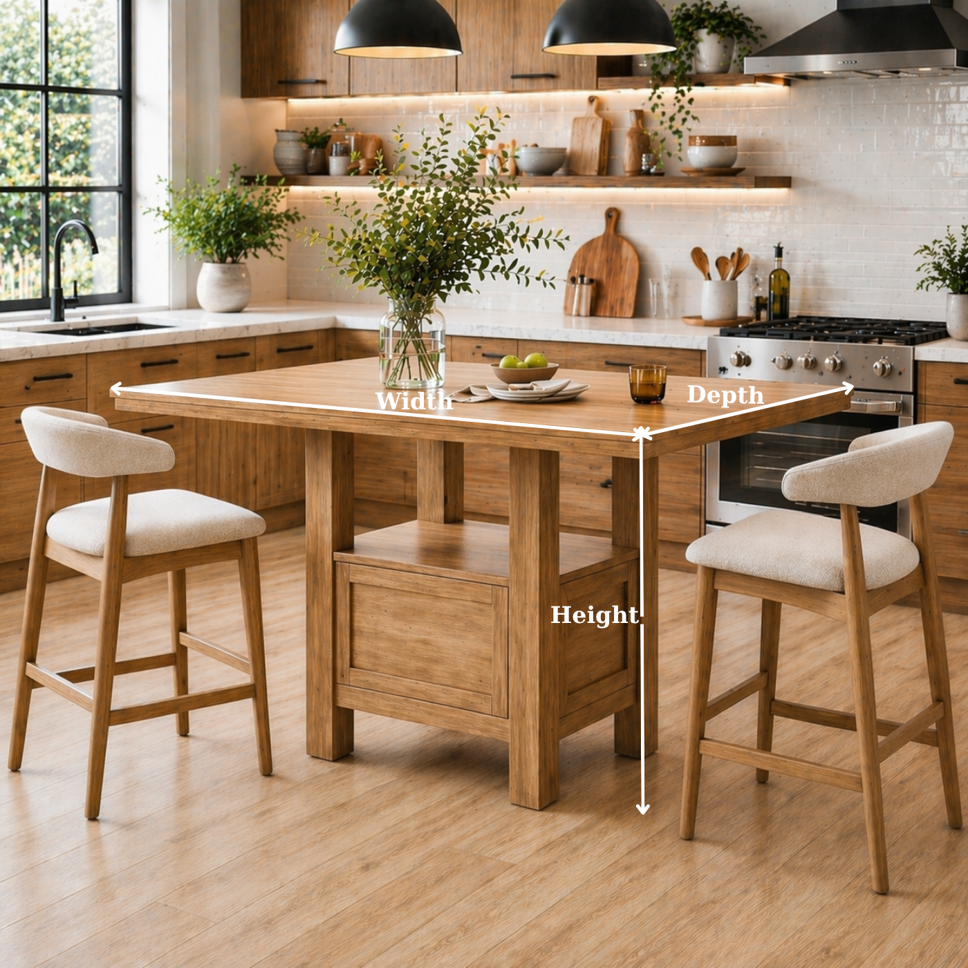 Solid Wood Kitchen Island Table with Storage Base – Walnut Dining Island Table, Rustic Modern Kitchen Table