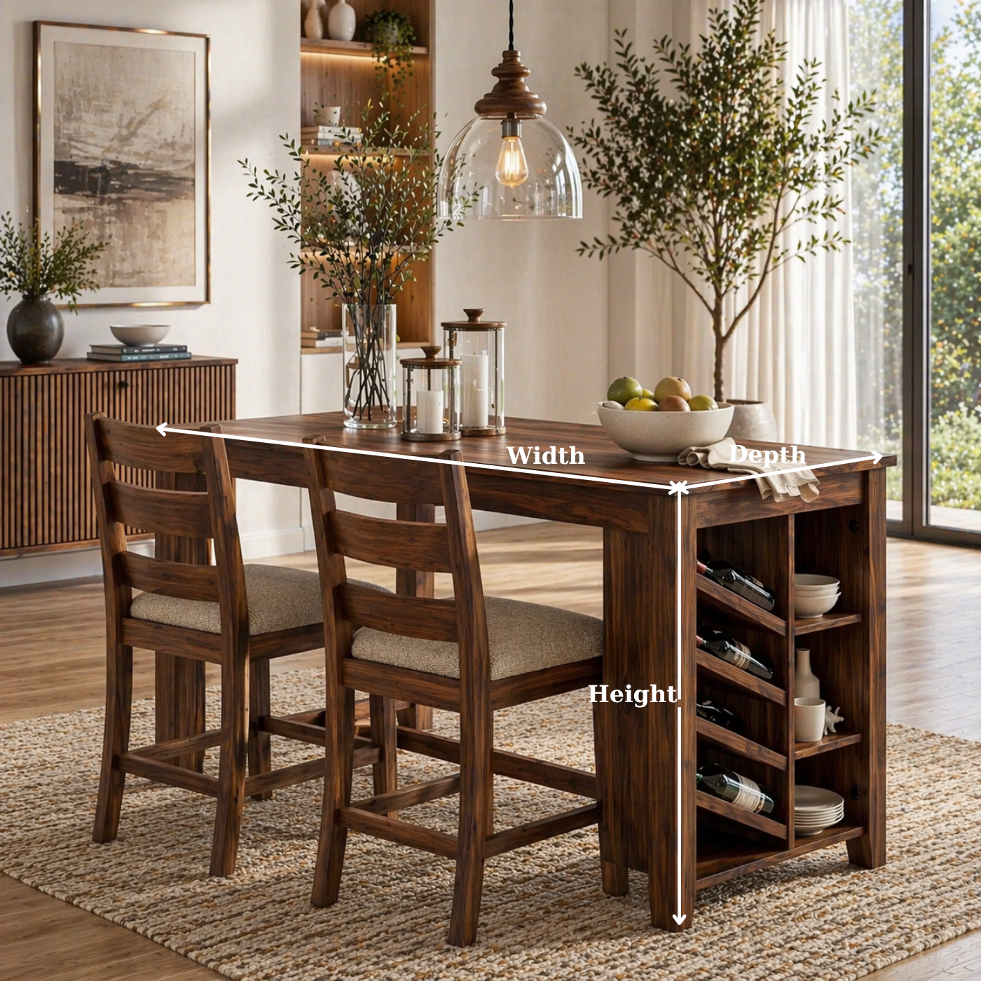 Solid Wood Dining Table with Wine Rack – Rustic Oak Kitchen Island Table, Wooden Dining Table with Storage