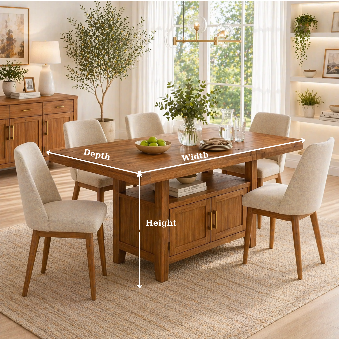 Solid Wood Dining Table with Storage Cabinet – Rustic Oak Dining Table, Kitchen Island Table with Shelves