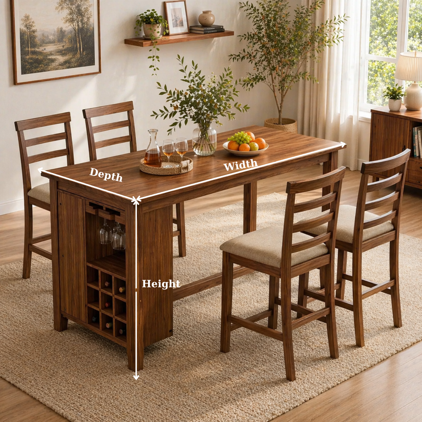 Solid Wood Dining Table with Wine Rack & Glass Holder – Rustic Walnut Dining Table, Kitchen Island Table with Storage