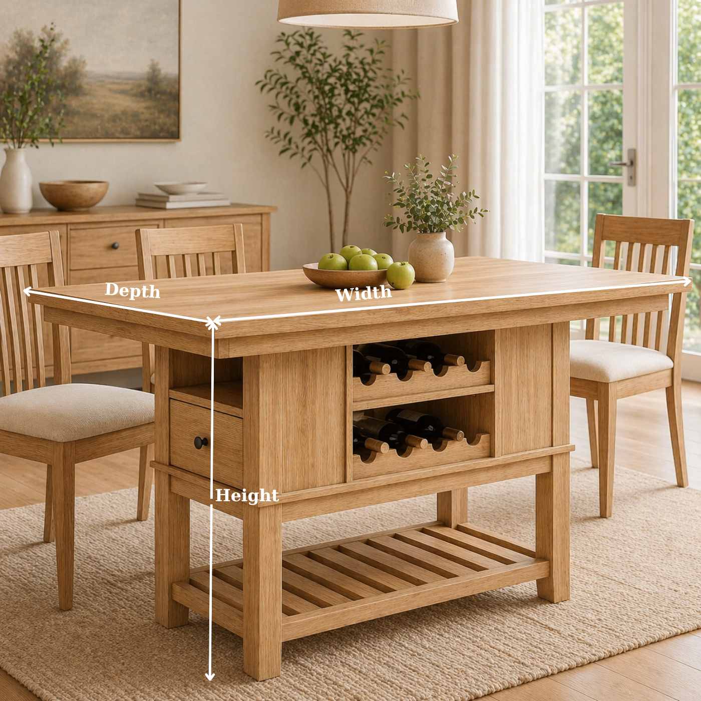 Solid Wood Kitchen Island with Wine Rack & Shelf – Dining Table with Storage, Modern Farmhouse Kitchen Island