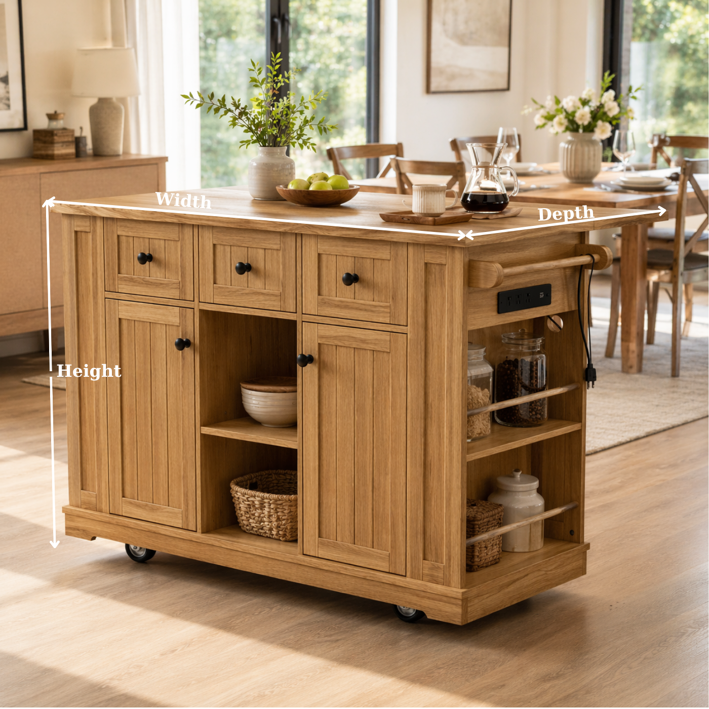 Solid Wood Kitchen Island with Storage & Power Outlet – Oak Rolling Kitchen Cart with Drawers, Cabinets & Shelves