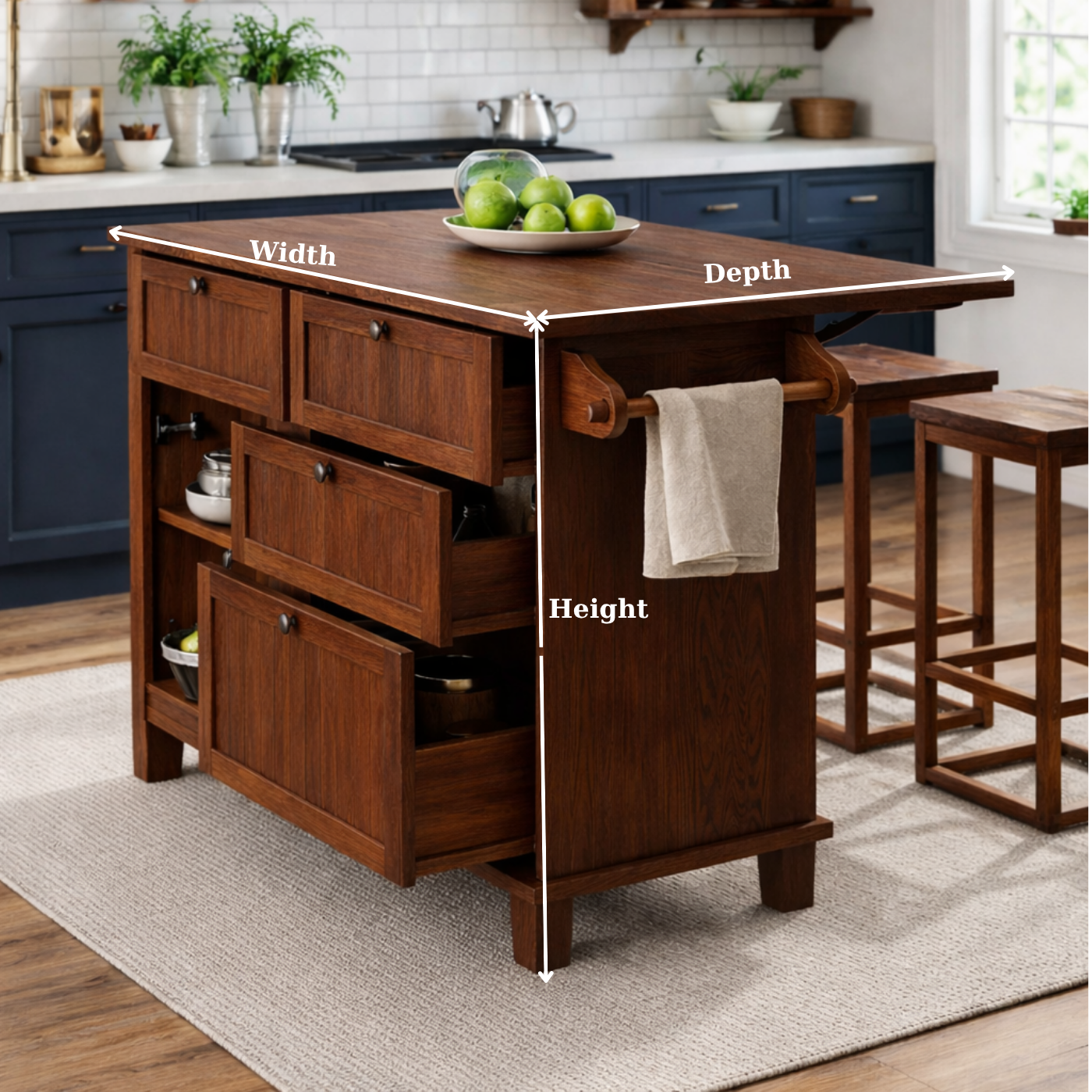 Solid Wood Kitchen Island with Drawers & Towel Rack – Kitchen Storage Island, Rustic Prep Table with Cabinets