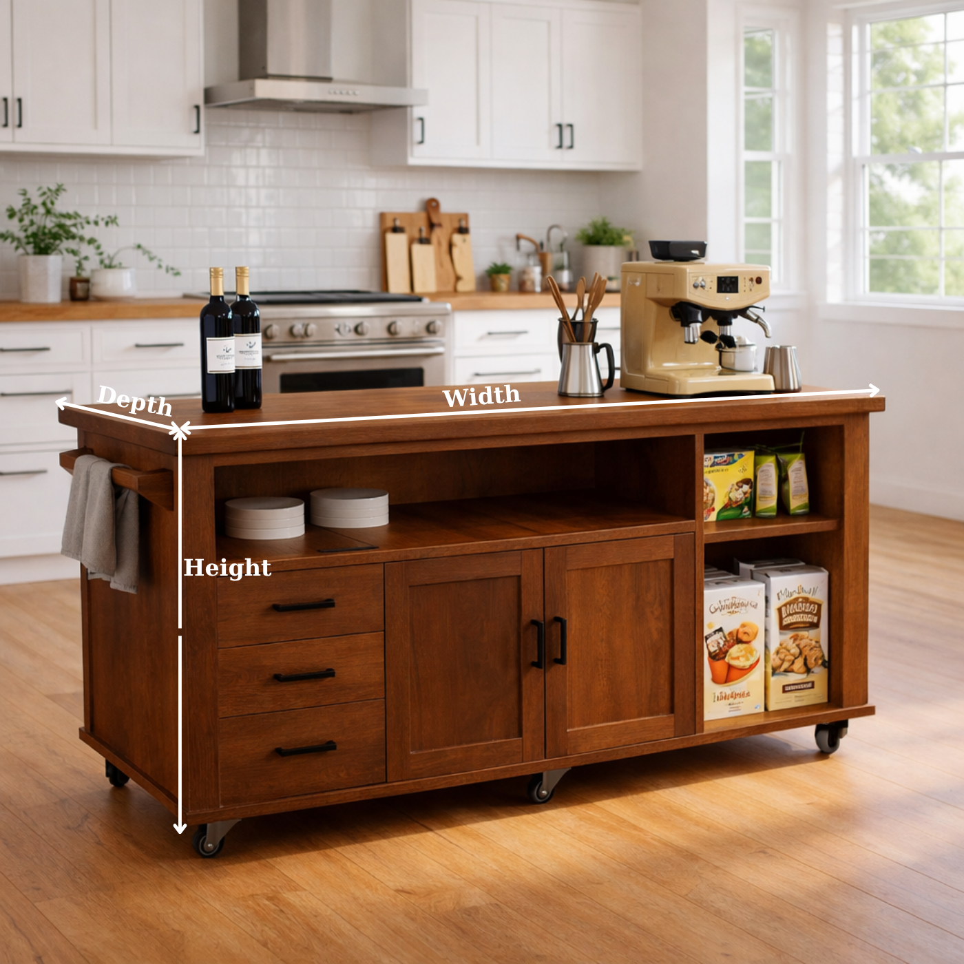 Solid Wood Kitchen Island with Storage & Shelves – Rolling Kitchen Cart with Drawers, Cabinets & Open Storage