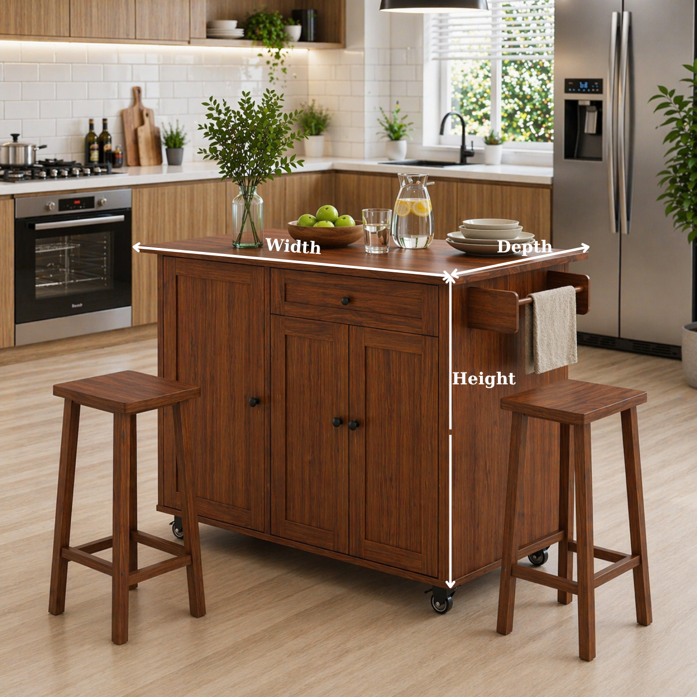 Solid Wood Kitchen Island with Seating – Walnut Rolling Storage Table with Cabinet & Towel Bar