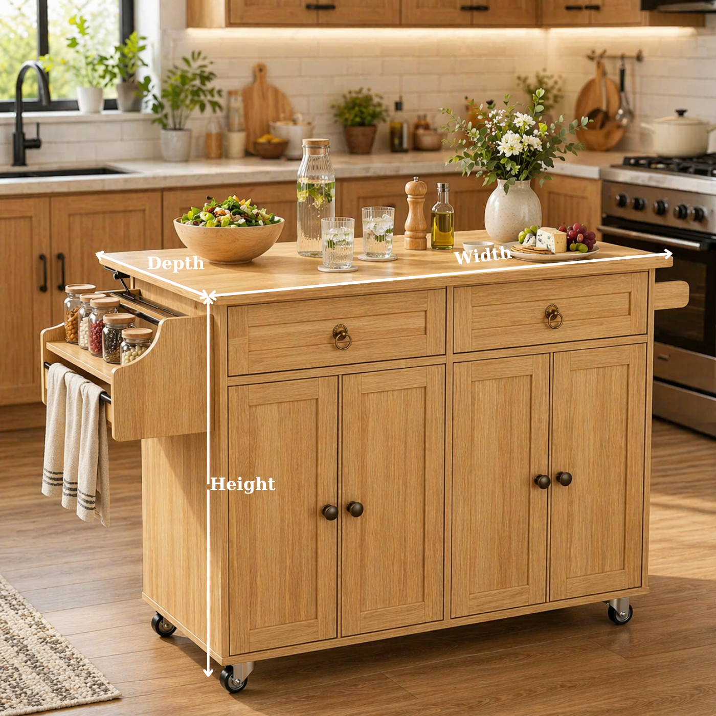 Solid Wood Kitchen Island Cart – Oak Storage Cabinet with Spice Rack & Towel Bar