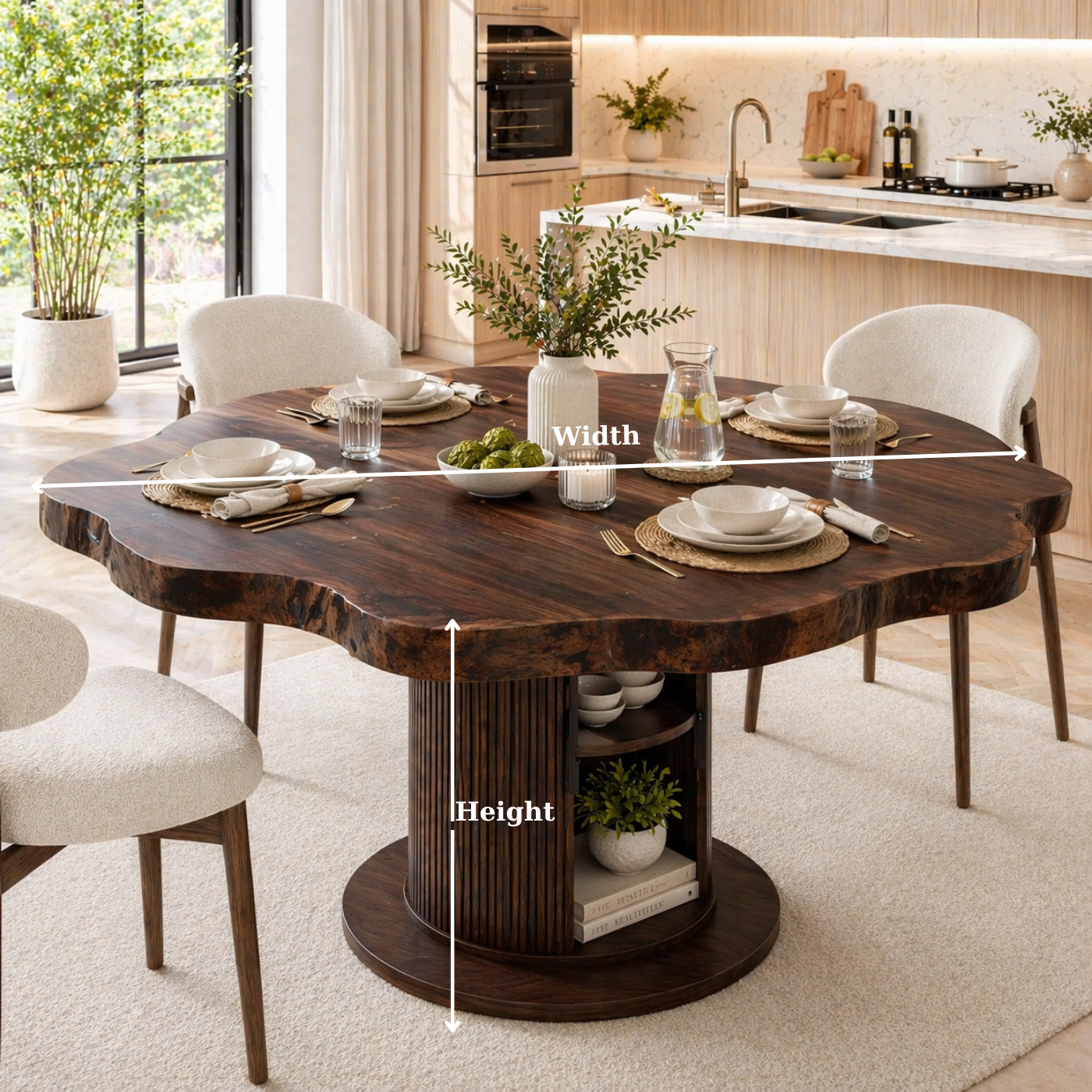 Live Edge Round Solid Wood Dining Table – Pedestal Table with Storage Base