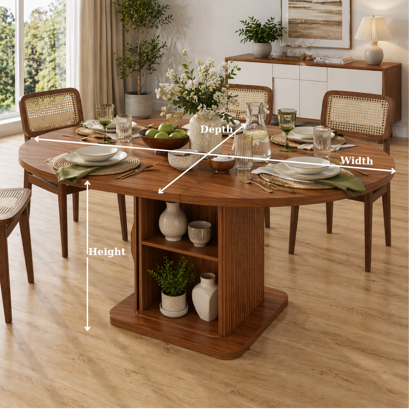 Extendable Round Solid Wood Dining Table – Walnut Pedestal Table with Storage Base