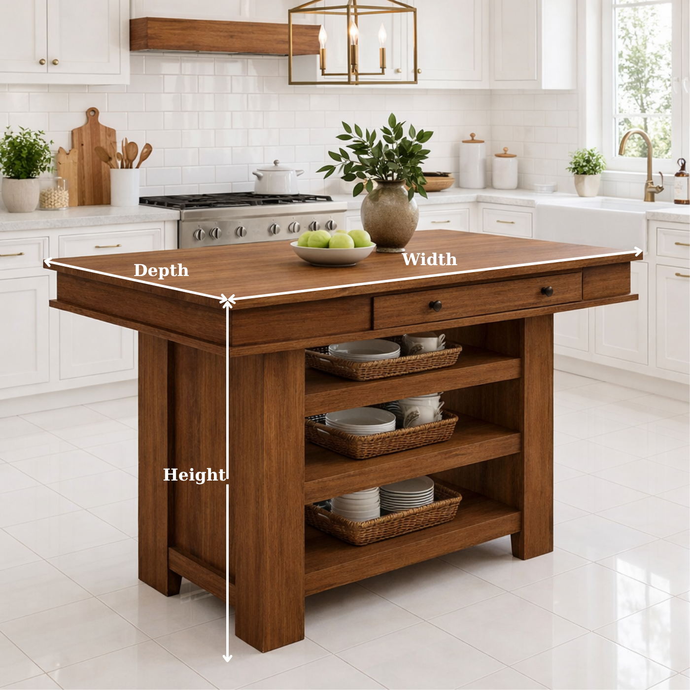 Solid Wood Kitchen Island with Storage – Walnut Prep Table with Shelves
