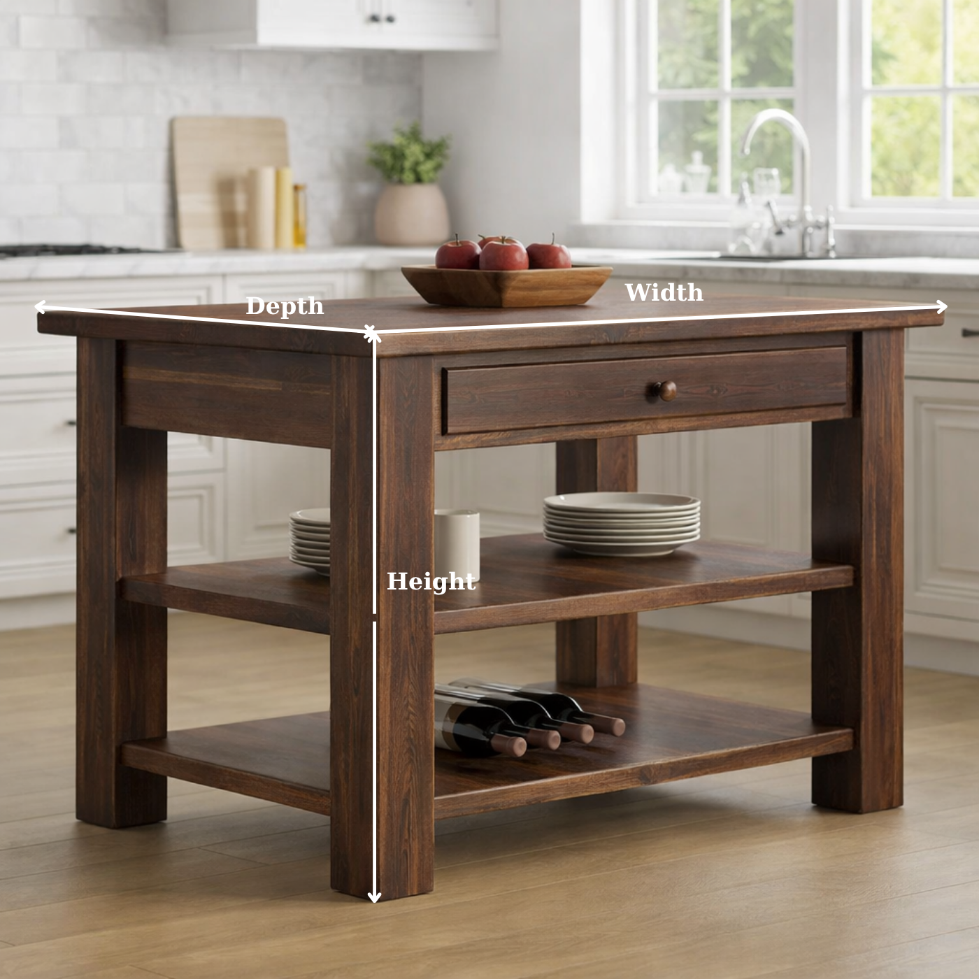 Solid Wood Kitchen Island Table with Storage – Walnut Prep Table with Drawer & Open Shelves