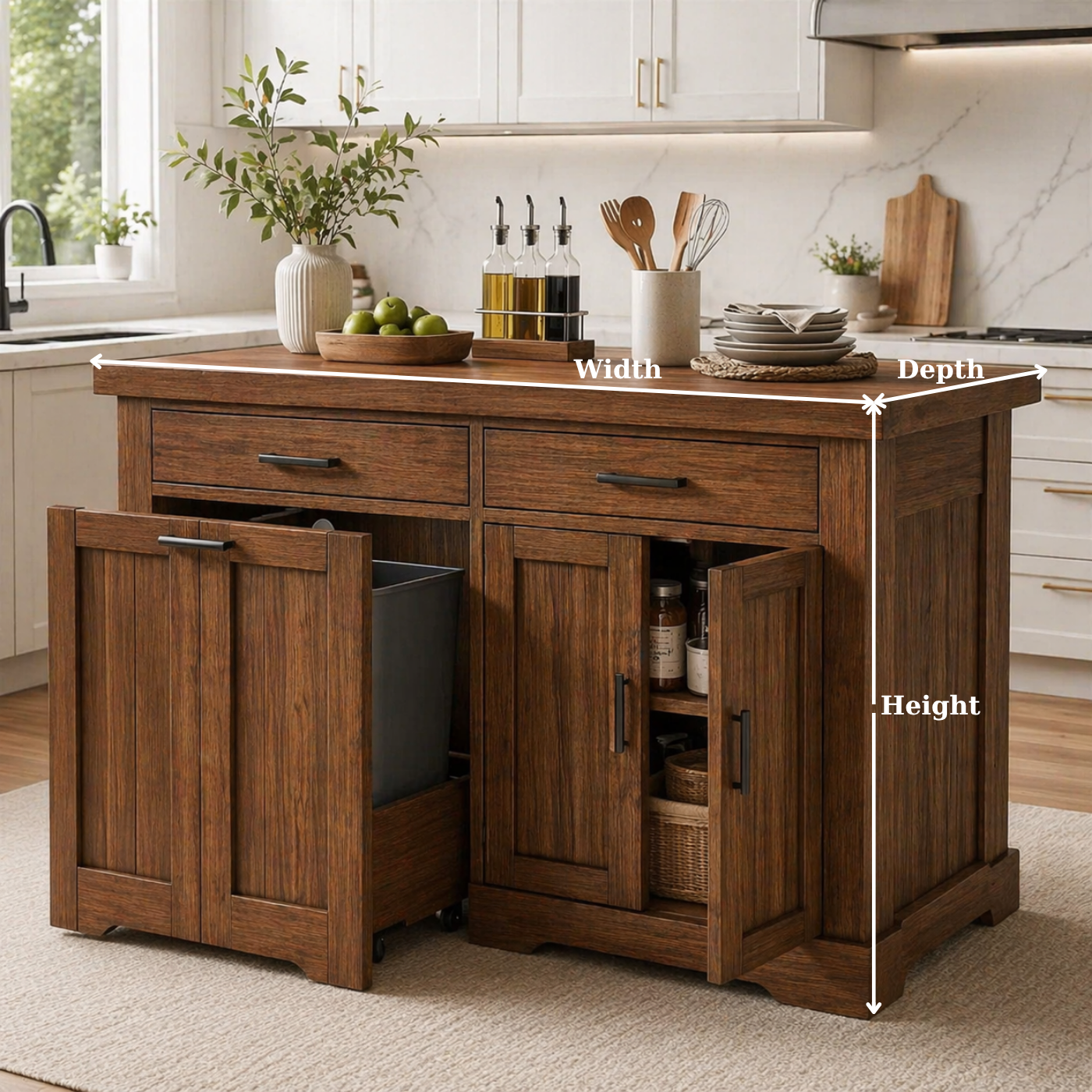 Solid Wood Kitchen Island with Trash Storage – Prep Table with Cabinets