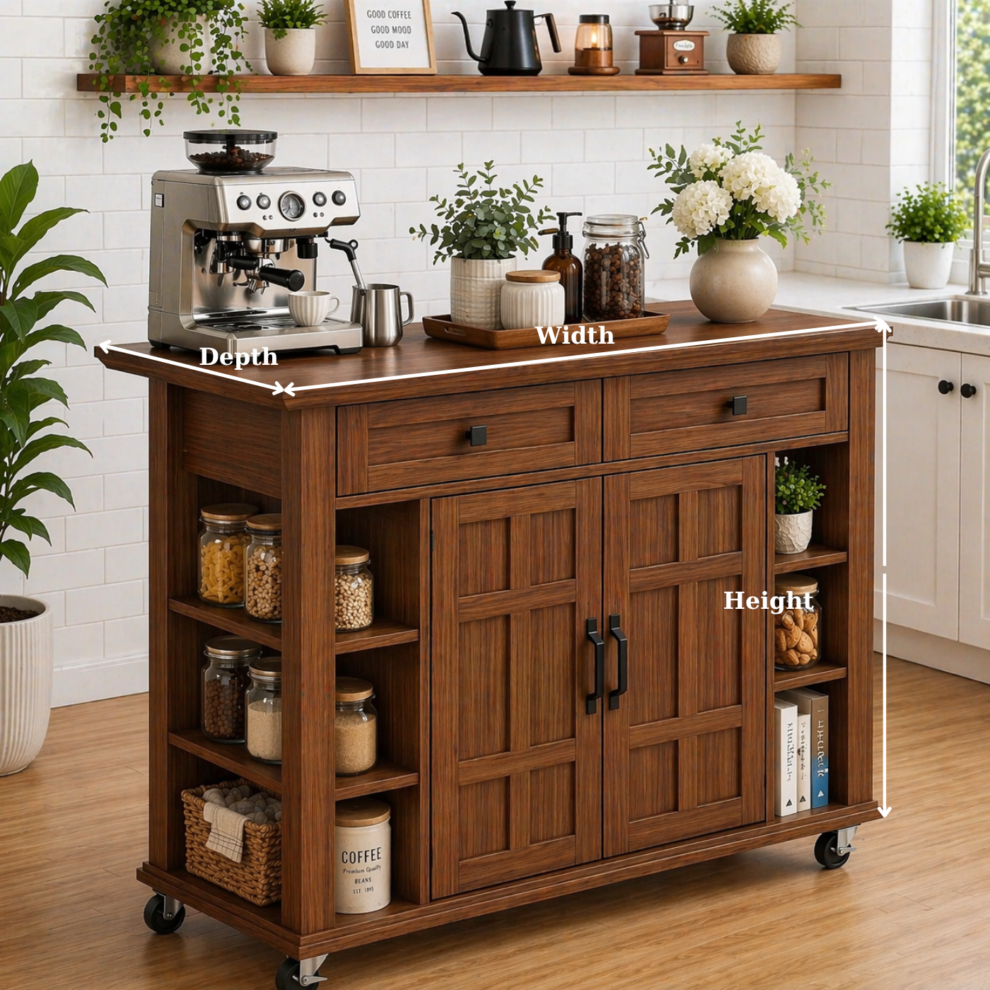 Solid Wood Kitchen Island Cart – Walnut Coffee Station with Storage Shelves