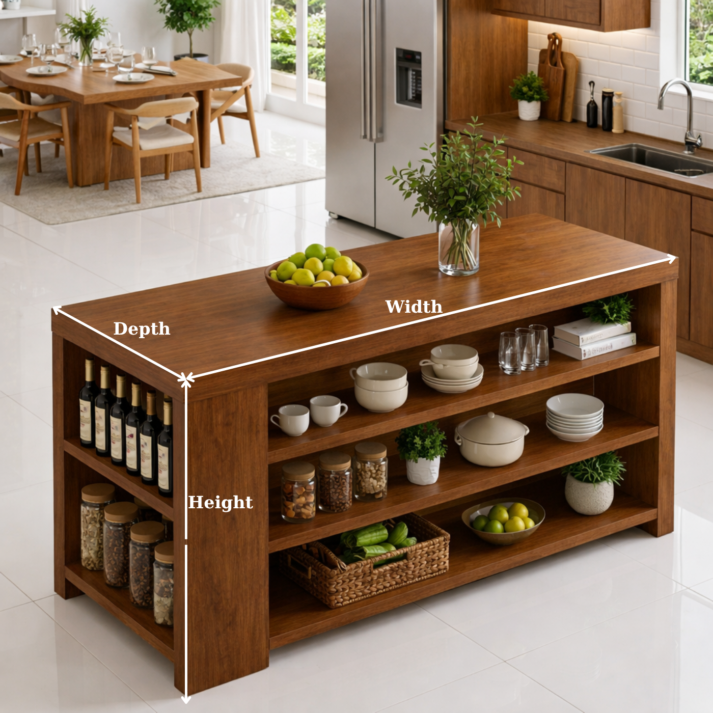 Solid Wood Kitchen Island with Open Shelves – Storage Prep Table